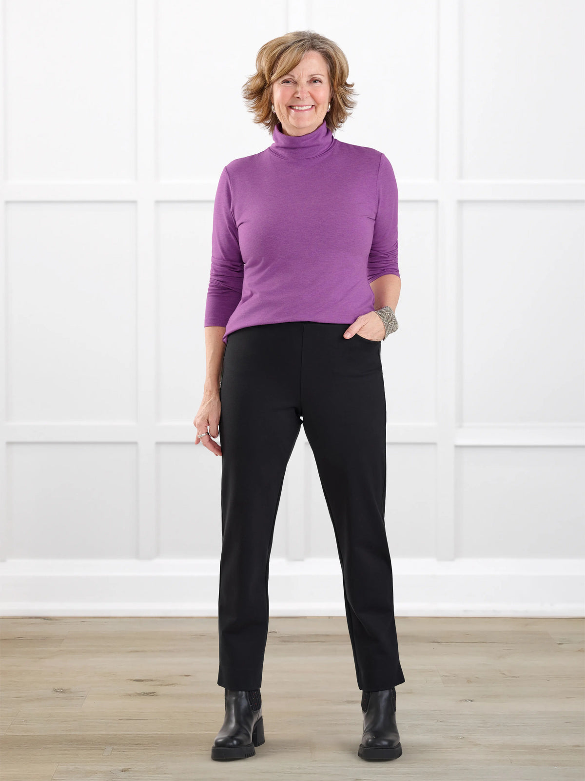 Palermo straight leg ponte dress pant for women in Black on model Donna, size S @Donna-S 