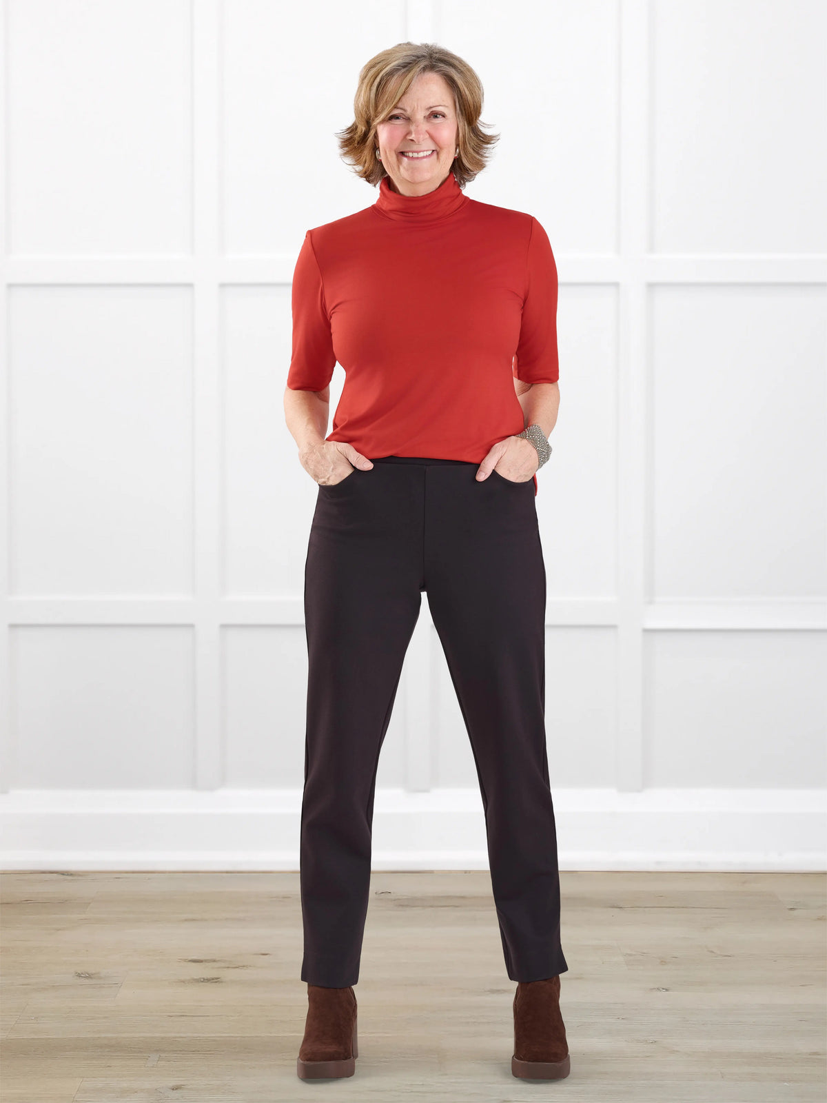 Palermo straight leg ponte dress pant for women in Espresso on model Donna, size S @Donna-S 