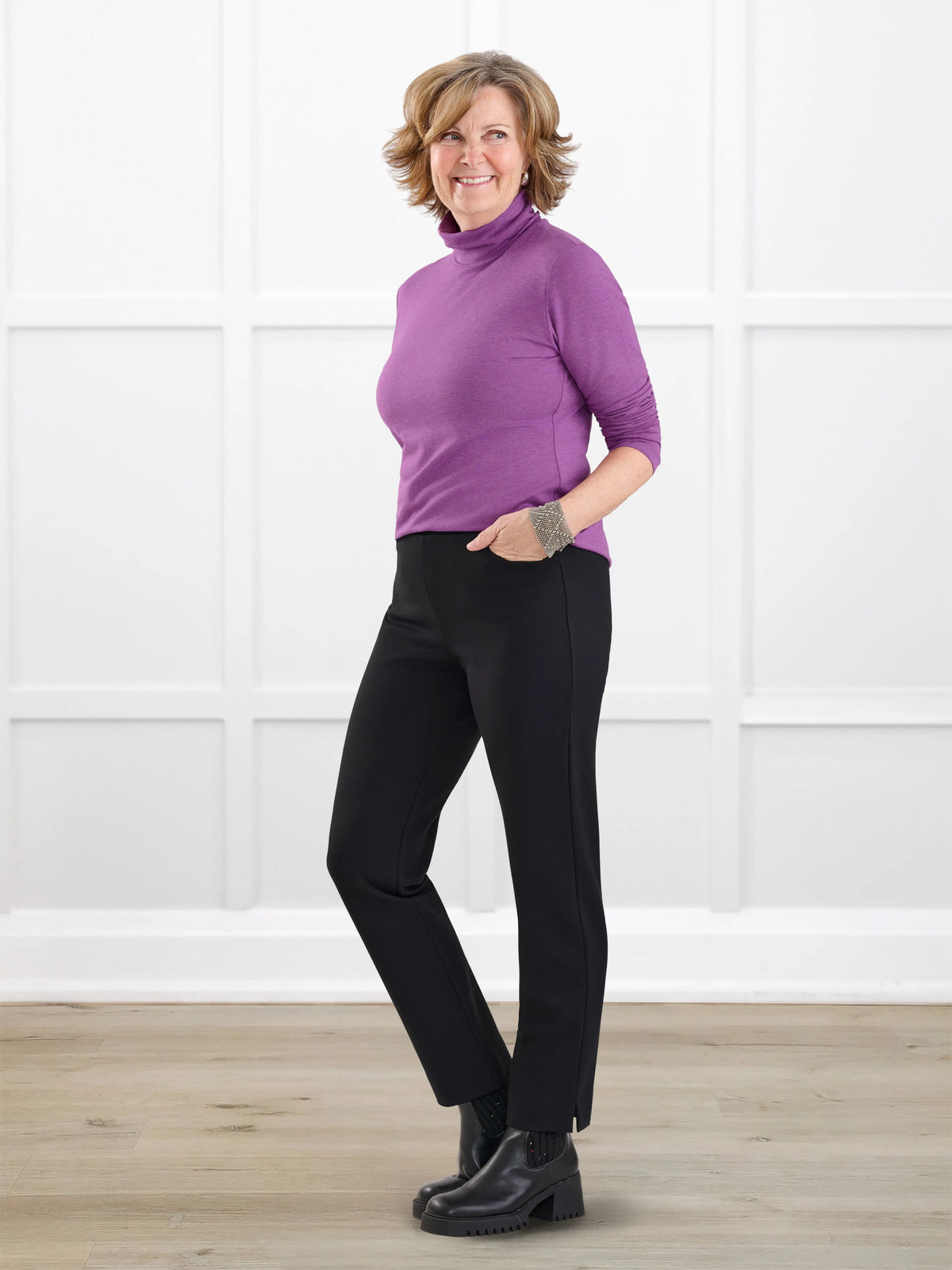 Palermo straight leg ponte dress pant for women in Black on model Donna, size S @Donna-S 