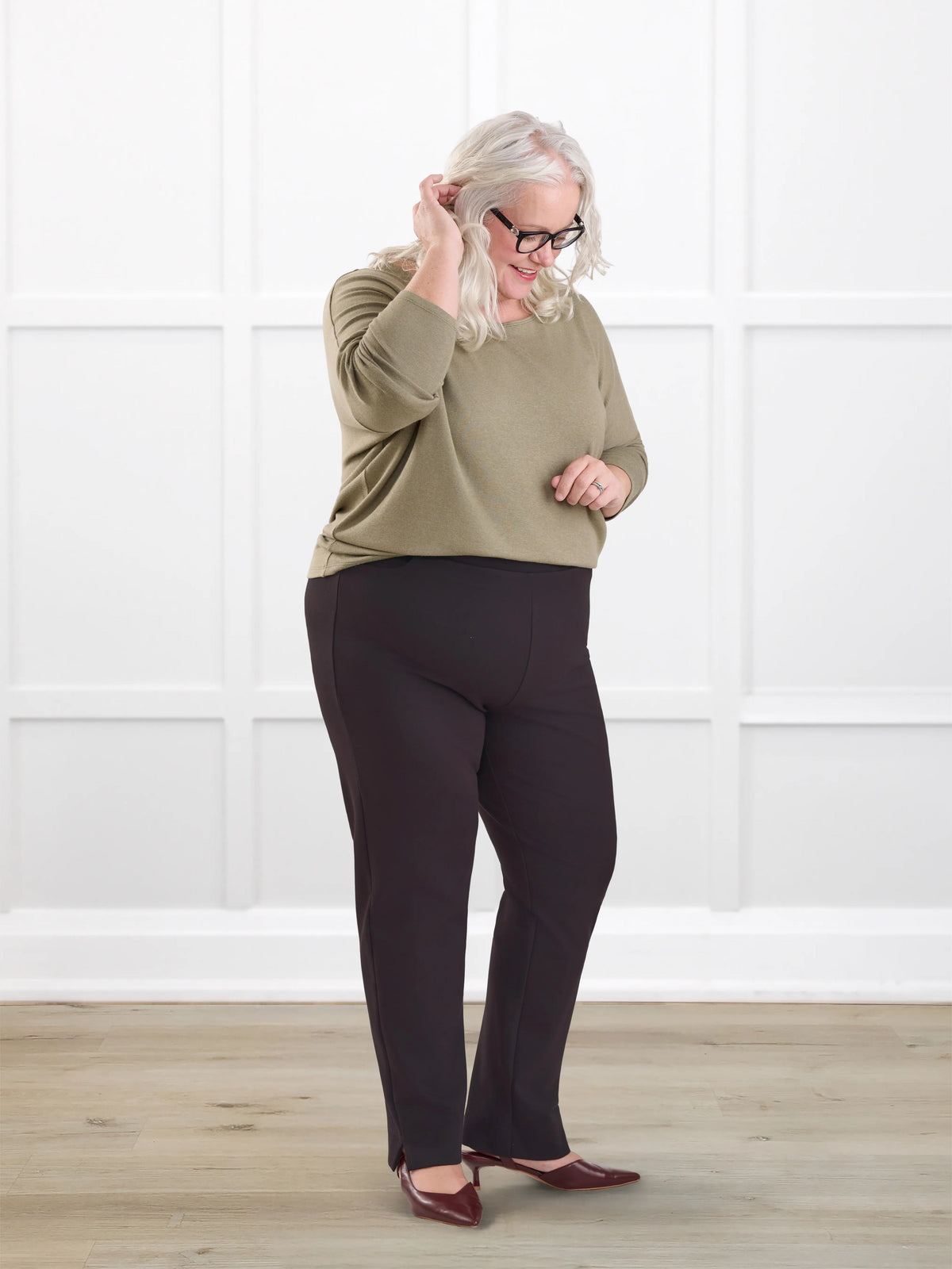 Palermo straight leg ponte dress pant for women in Espresso on model Colleen, size XXL @Colleen-XXL 
