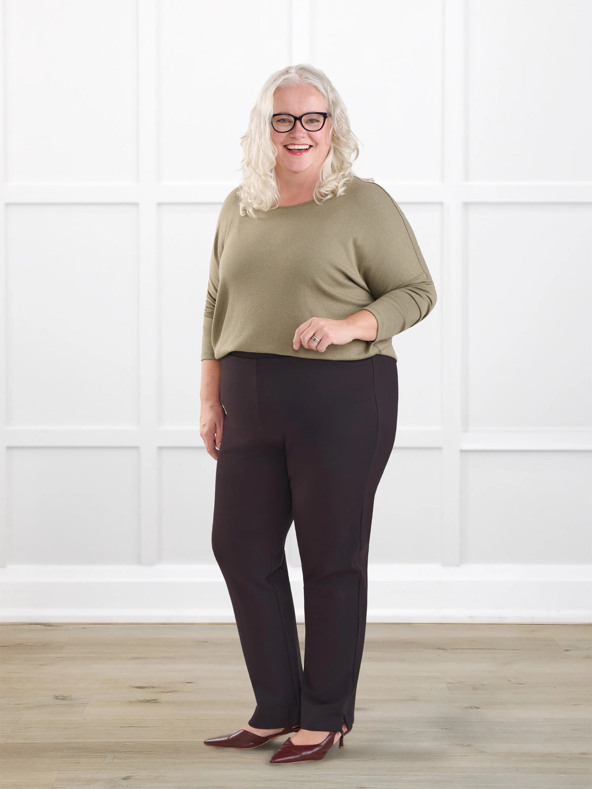 Palermo straight leg ponte dress pant for women in Espresso on model Colleen, size XXL @Colleen-XXL 