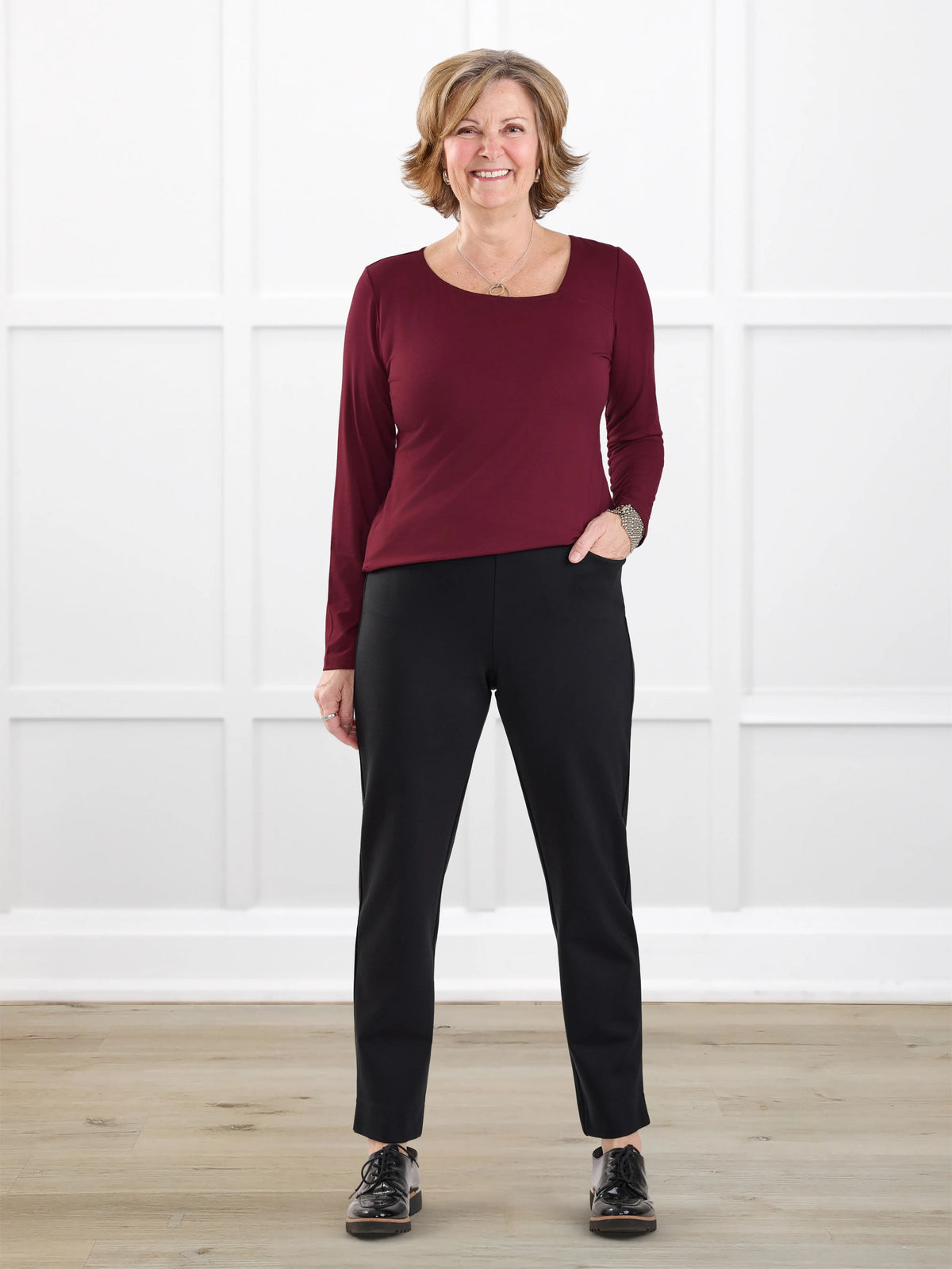 Palermo straight leg ponte dress pant for women in Black on model Donna, size S @Donna-S 