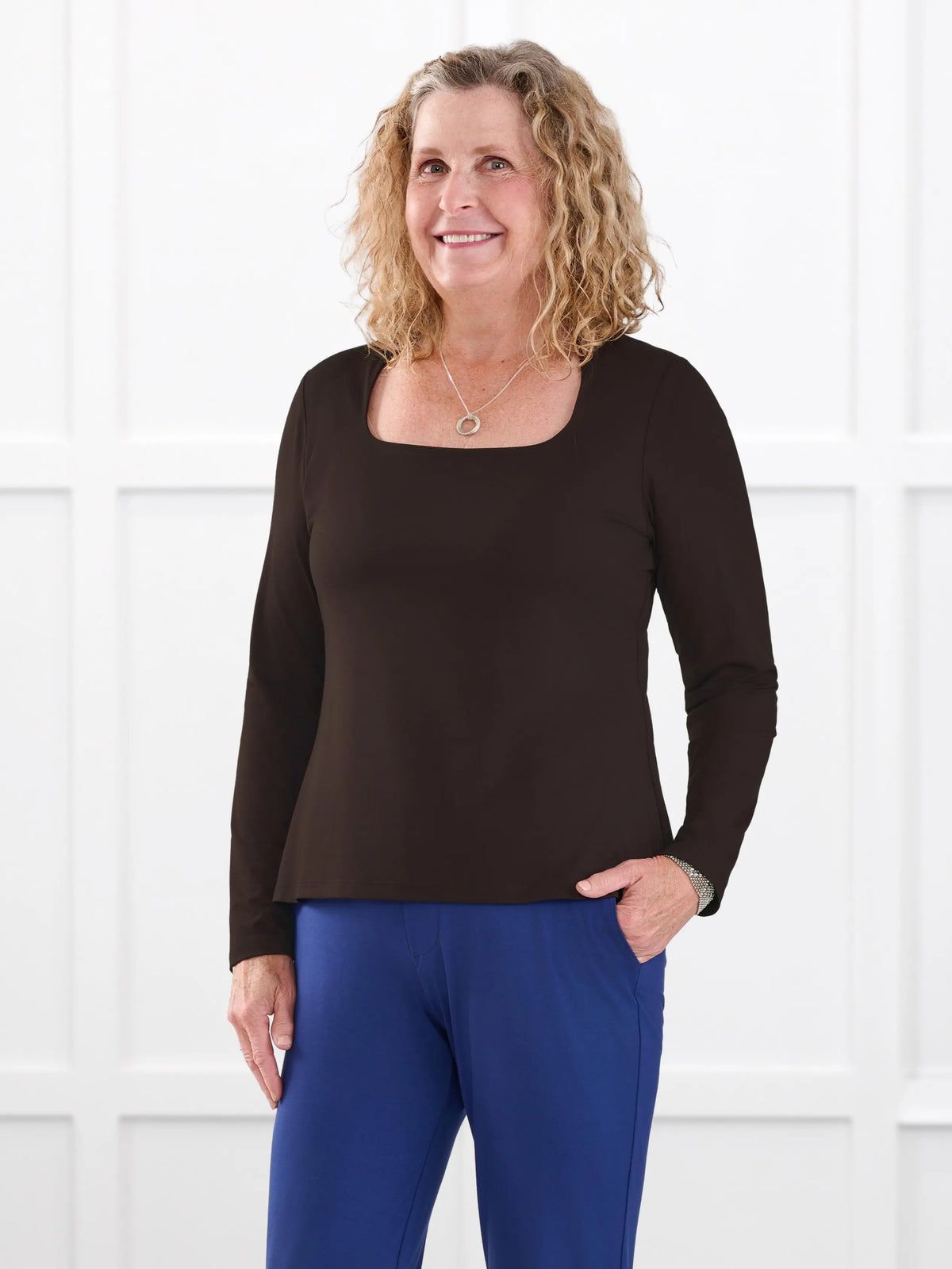 Patrice square neck long sleeve top for women in Dark chocolate on model Carolyn, size L @Carolyn-L 