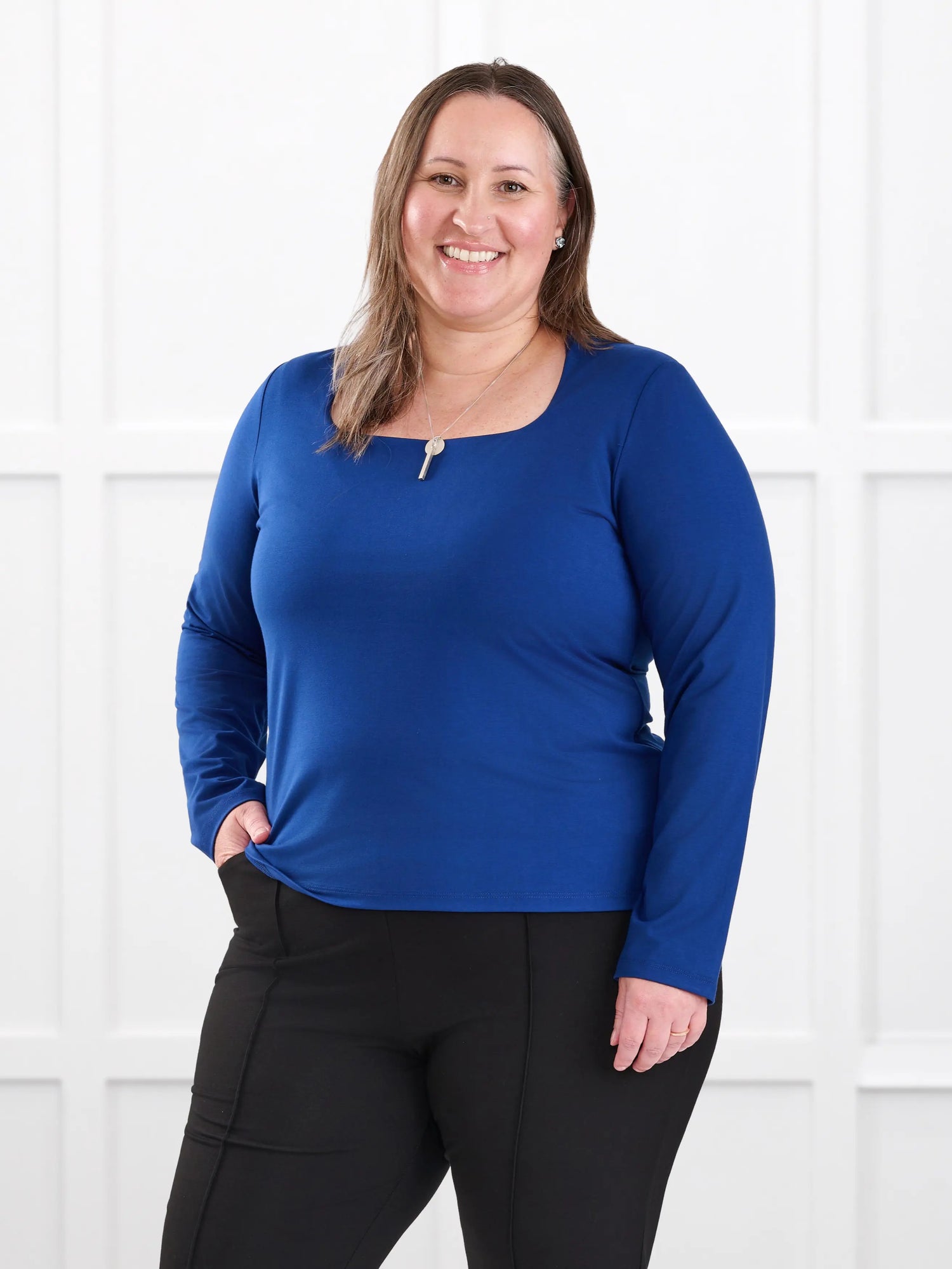 Patrice square neck long sleeve top for women in Ink blue on model Cristina, size XXL @Cristina-XXL 
