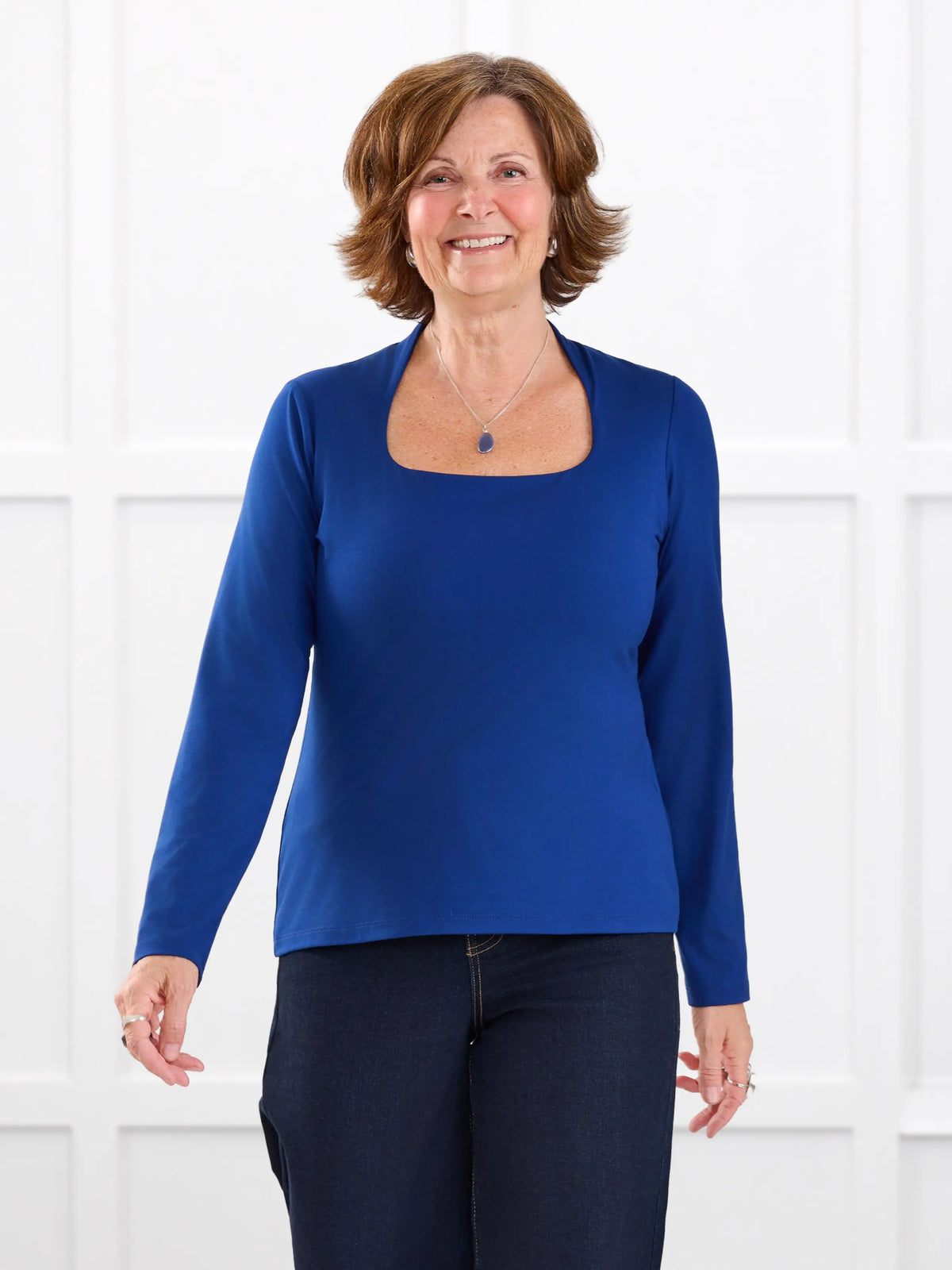 Patrice square neck long sleeve top for women in Ink blue on model Donna, size S @Donna-S 