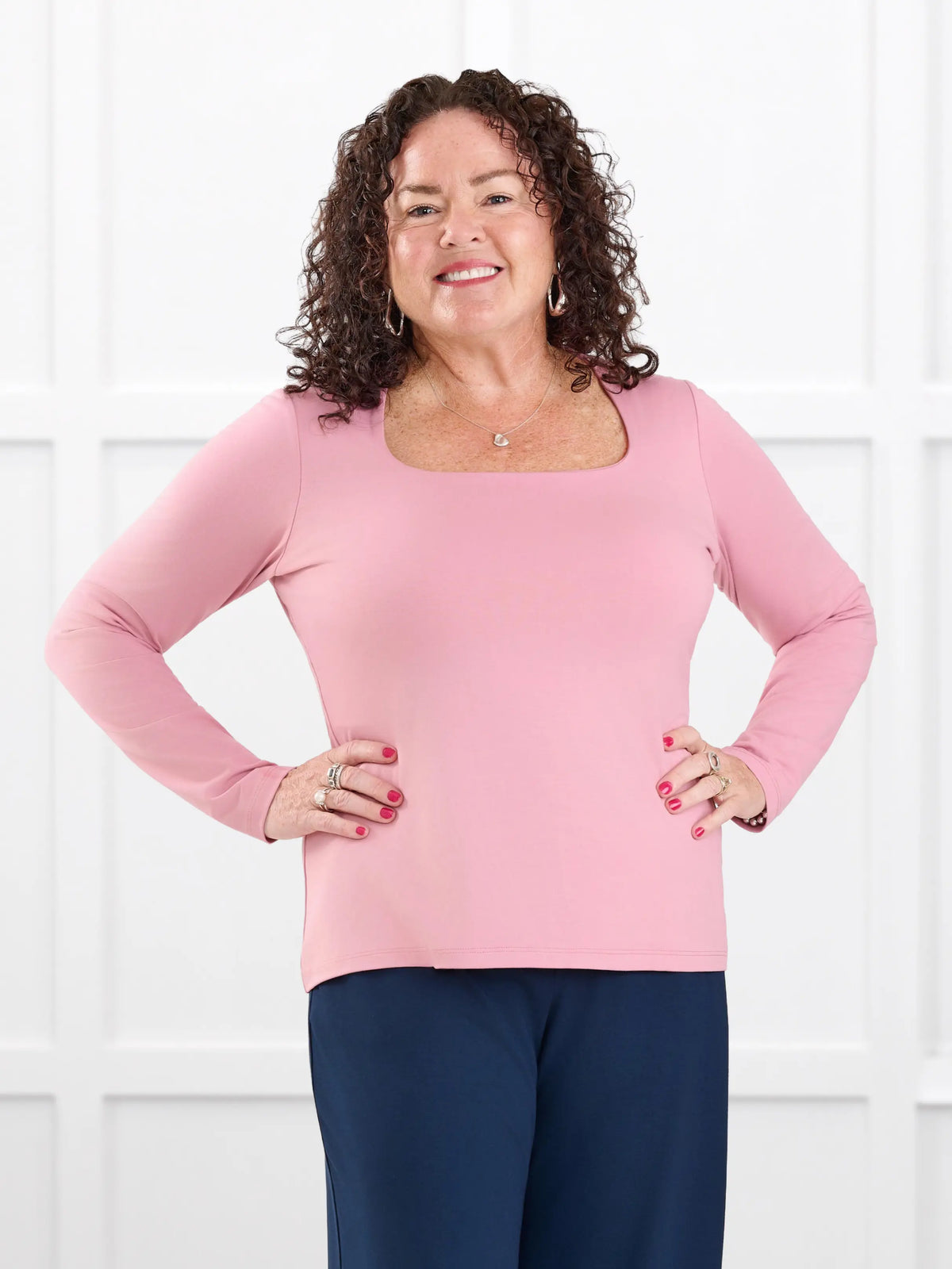 Patrice square neck long sleeve top for women in Rosebud on model Kerri, size M @Kerri-M 