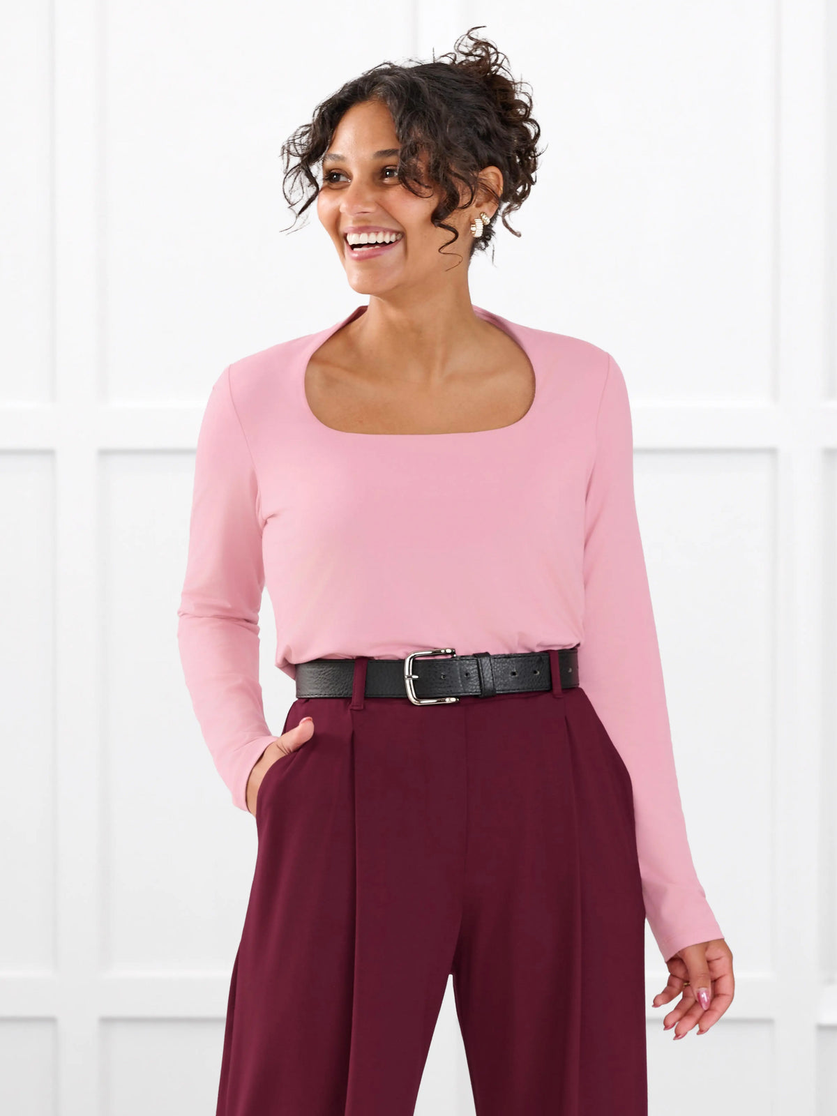 Patrice square neck long sleeve top for women in Rosebud on model Meron, size XS @Meron-XS 