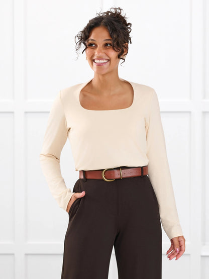 Patrice square neck long sleeve top for women in Shortbread on model Meron, size XS @Meron-XS 