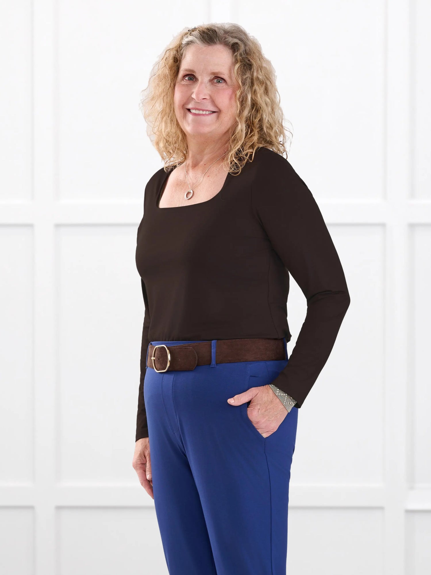 Patrice square neck long sleeve top for women in Dark chocolate on model Carolyn, size L @Carolyn-L 