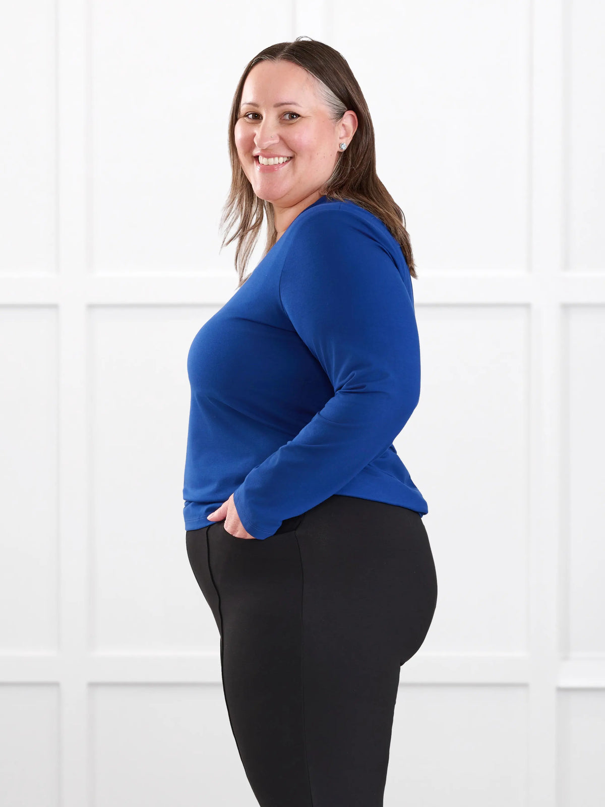 Patrice square neck long sleeve top for women in Ink blue on model Cristina, size XXL @Cristina-XXL 