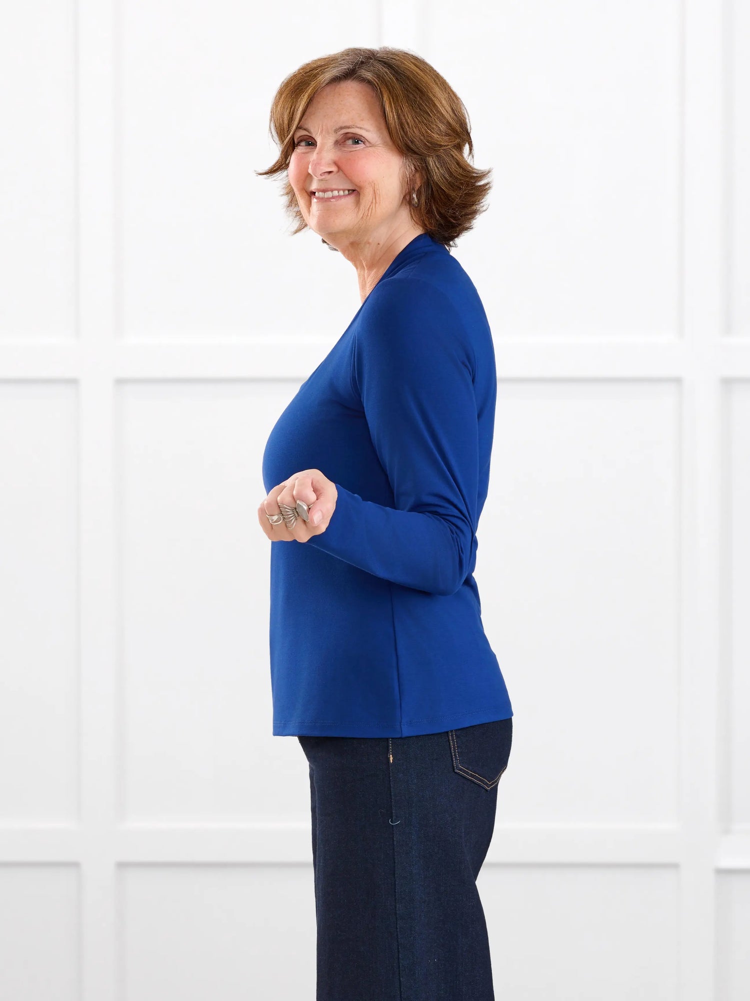 Patrice square neck long sleeve top for women in Ink blue on model Donna, size S @Donna-S 