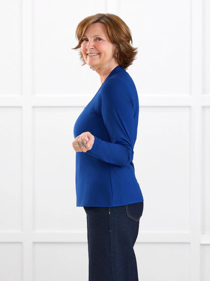 Patrice square neck long sleeve top for women in Ink blue on model Donna, size S @Donna-S 