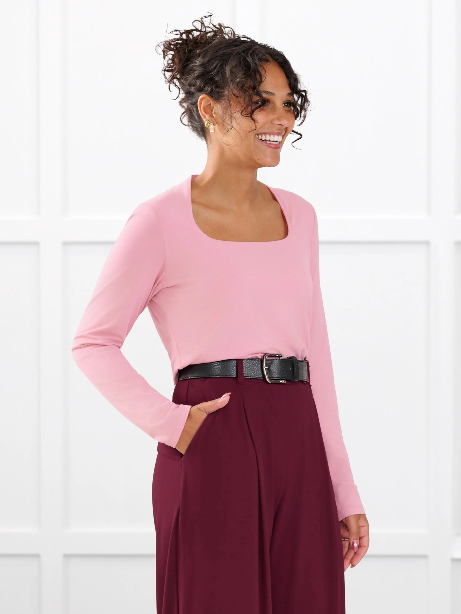 Patrice square neck long sleeve top for women in Rosebud on model Meron, size XS @Meron-XS 