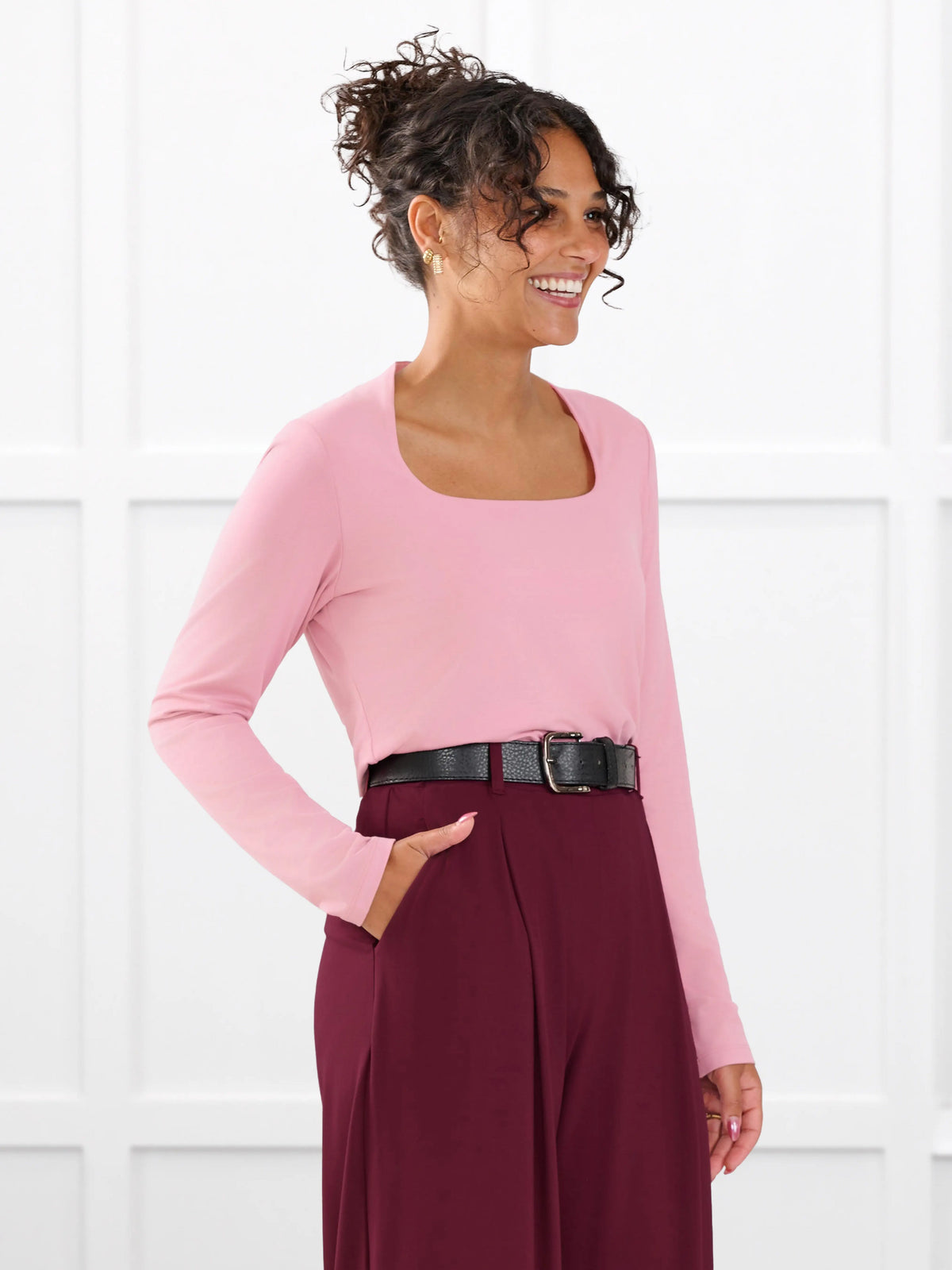 Patrice square neck long sleeve top for women in Rosebud on model Meron, size XS @Meron-XS 