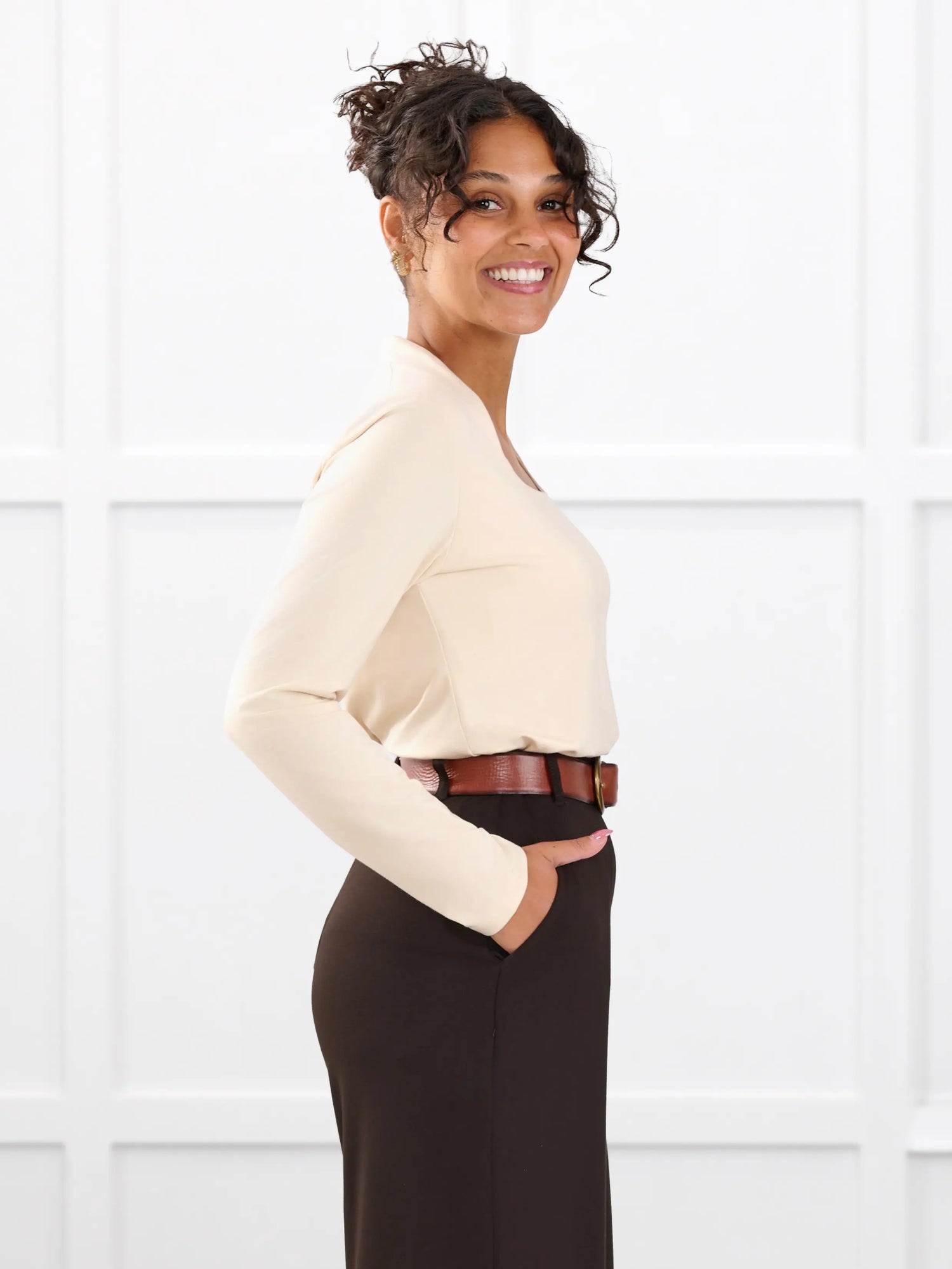 Patrice square neck long sleeve top for women in Shortbread on model Meron, size XS @Meron-XS 