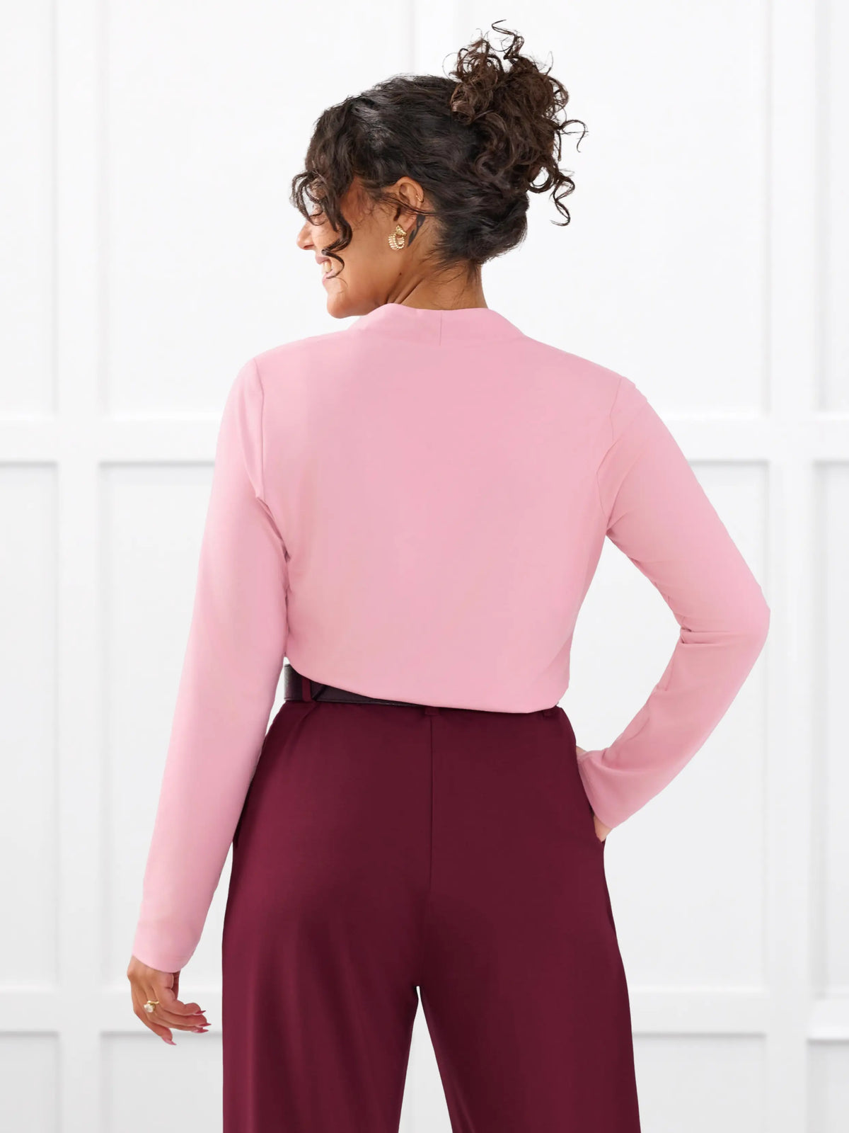 Patrice square neck long sleeve top for women in Rosebud on model Meron, size XS @Meron-XS 
