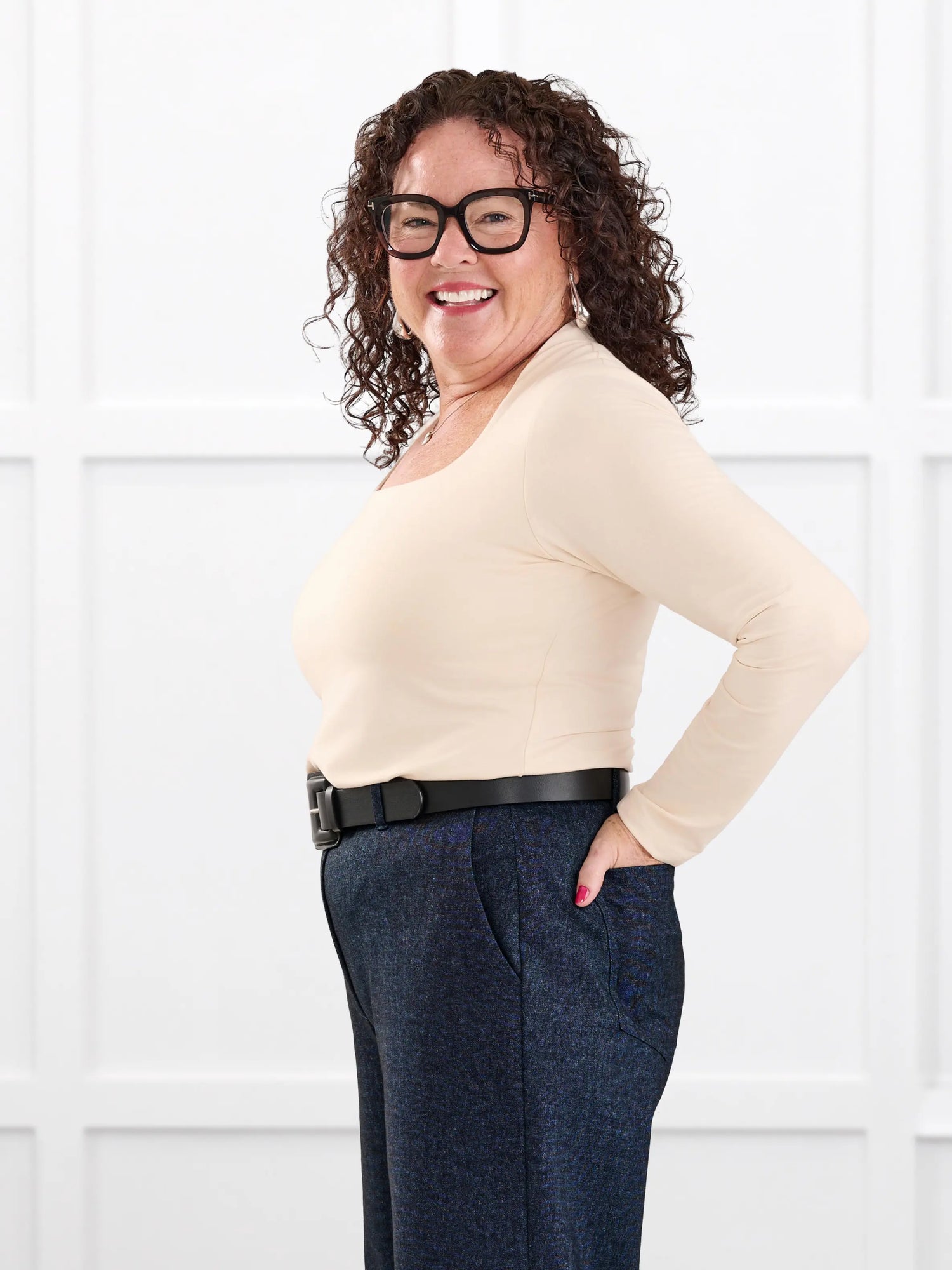 Patrice square neck long sleeve top for women in Shortbread on model Kerri, size M @Kerri-M 