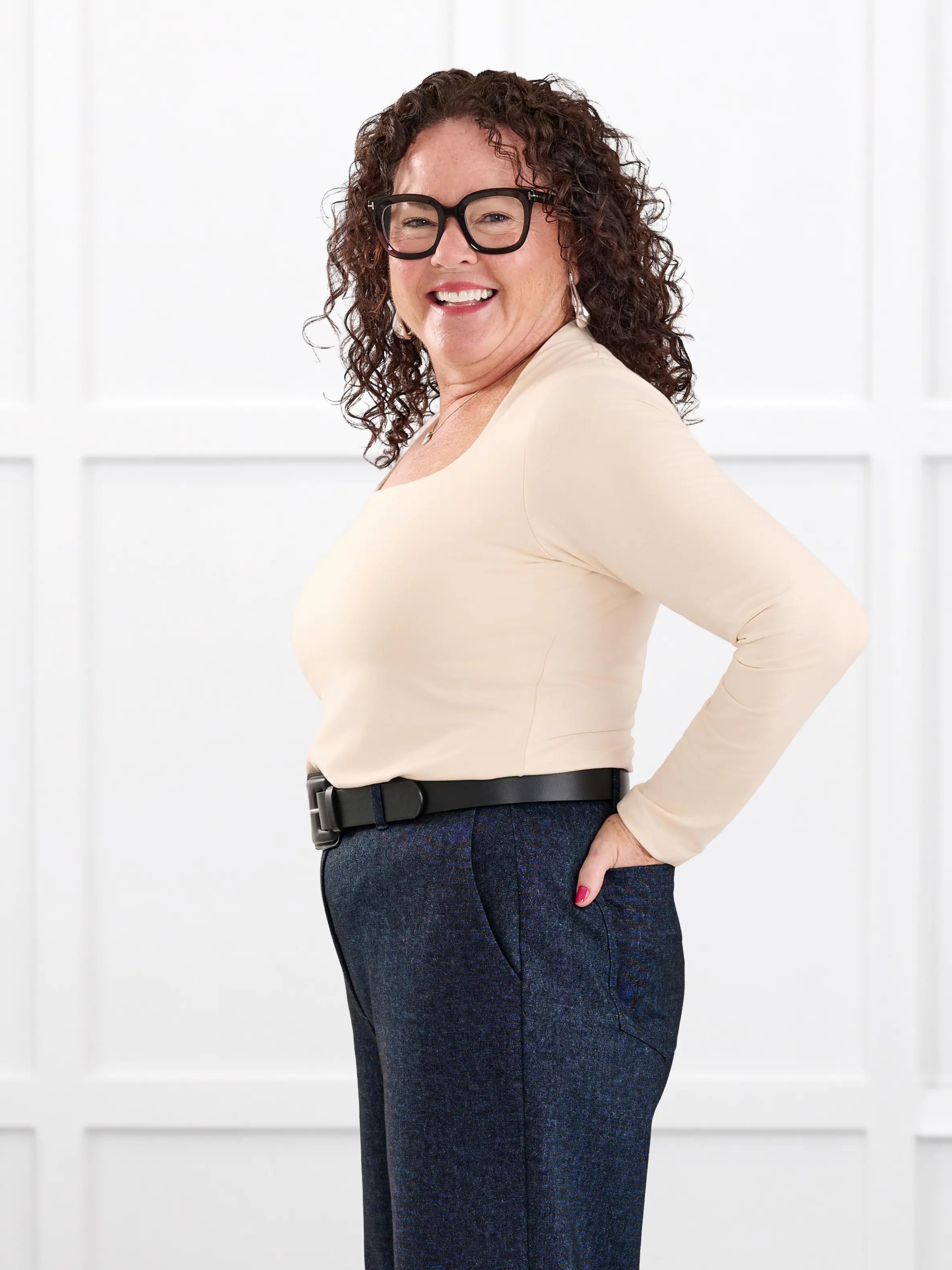 Patrice square neck long sleeve top for women in Shortbread on model Kerri, size M @Kerri-M 