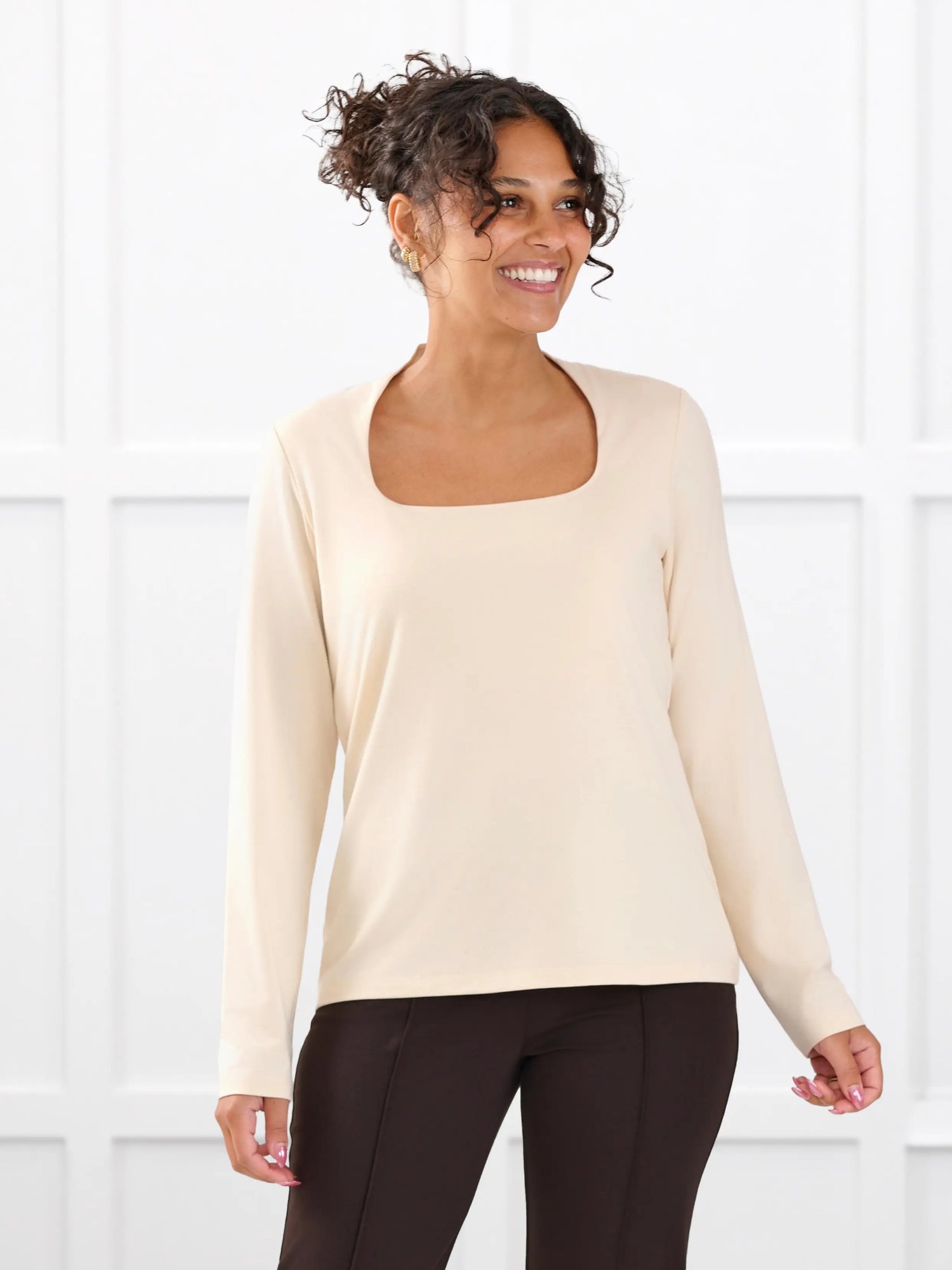 Patrice square neck long sleeve top for women in Shortbread on model Meron, size XS @Meron-XS 