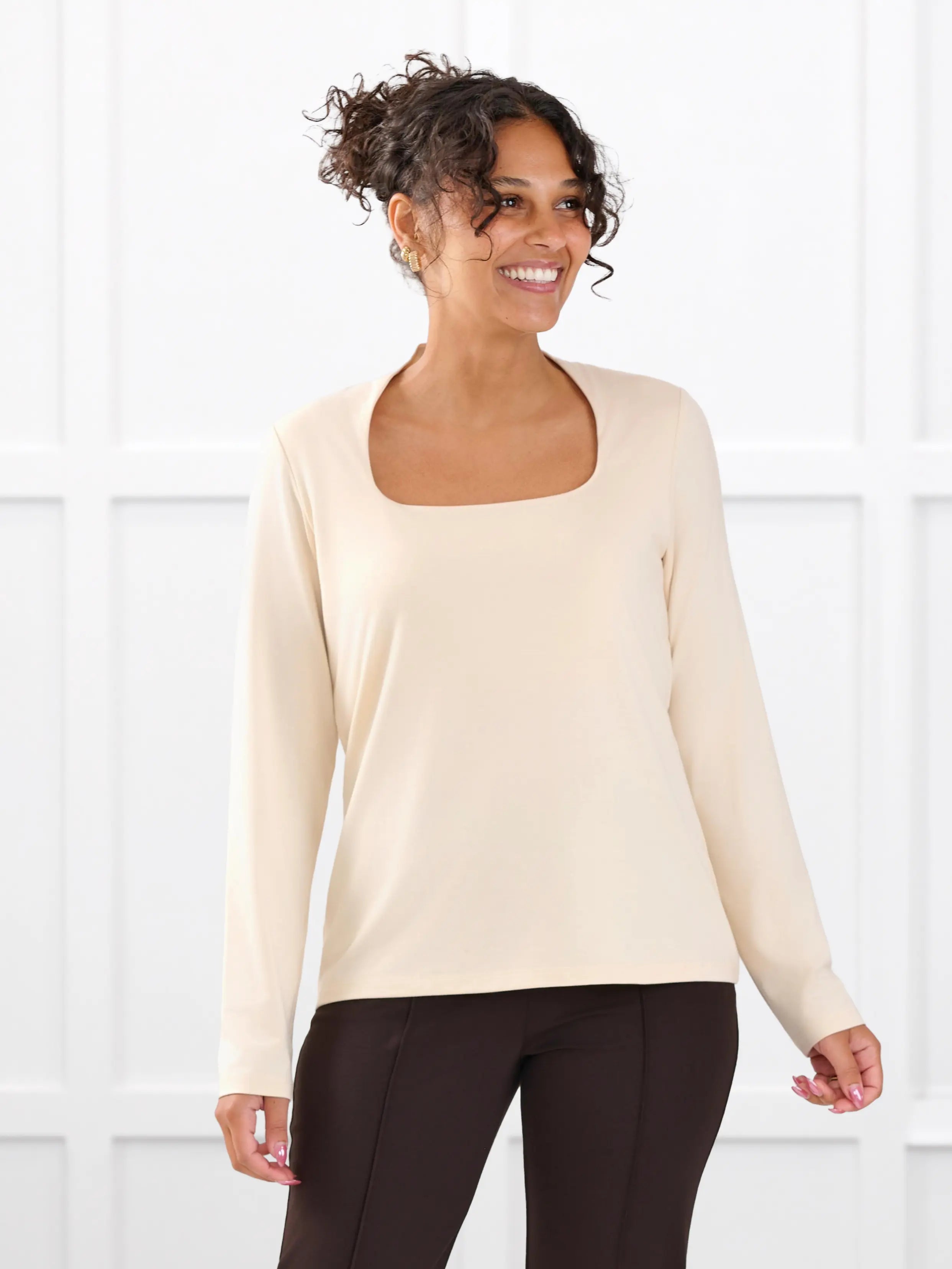 Patrice square neck long sleeve top for women in Shortbread on model Meron, size XS @Meron-XS 
