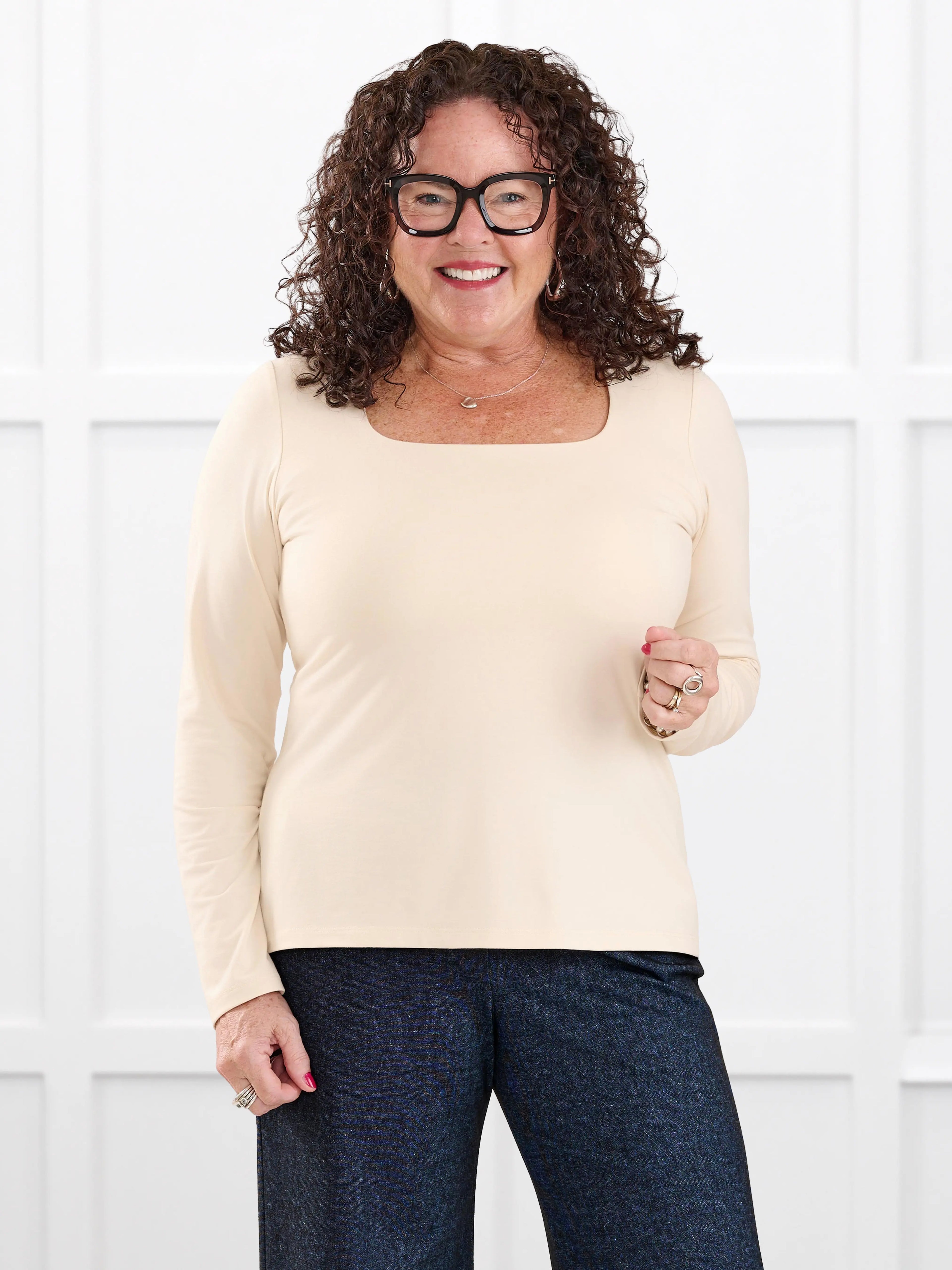 Patrice square neck long sleeve top for women in Shortbread on model Kerri, size M @Kerri-M 