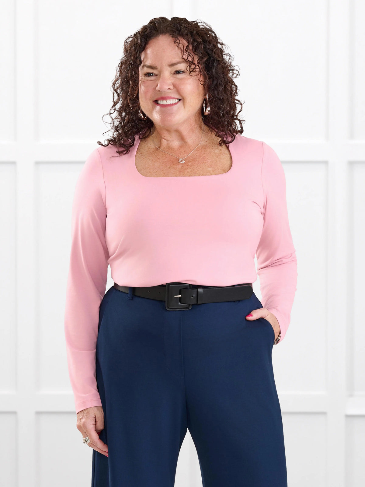 Patrice square neck long sleeve top for women in Rosebud on model Kerri, size M @Kerri-M 