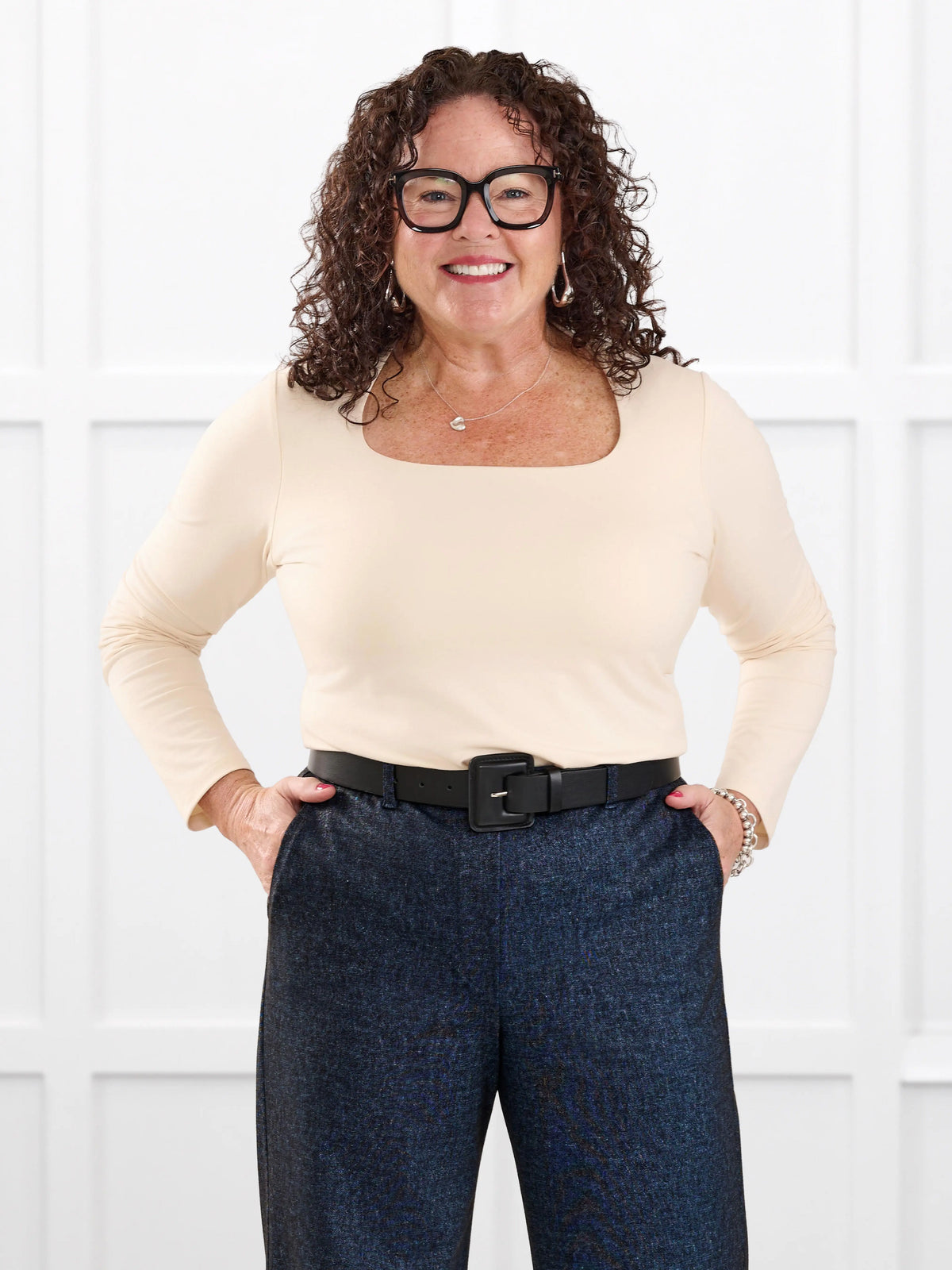 Patrice square neck long sleeve top for women in Shortbread on model Kerri, size M @Kerri-M 