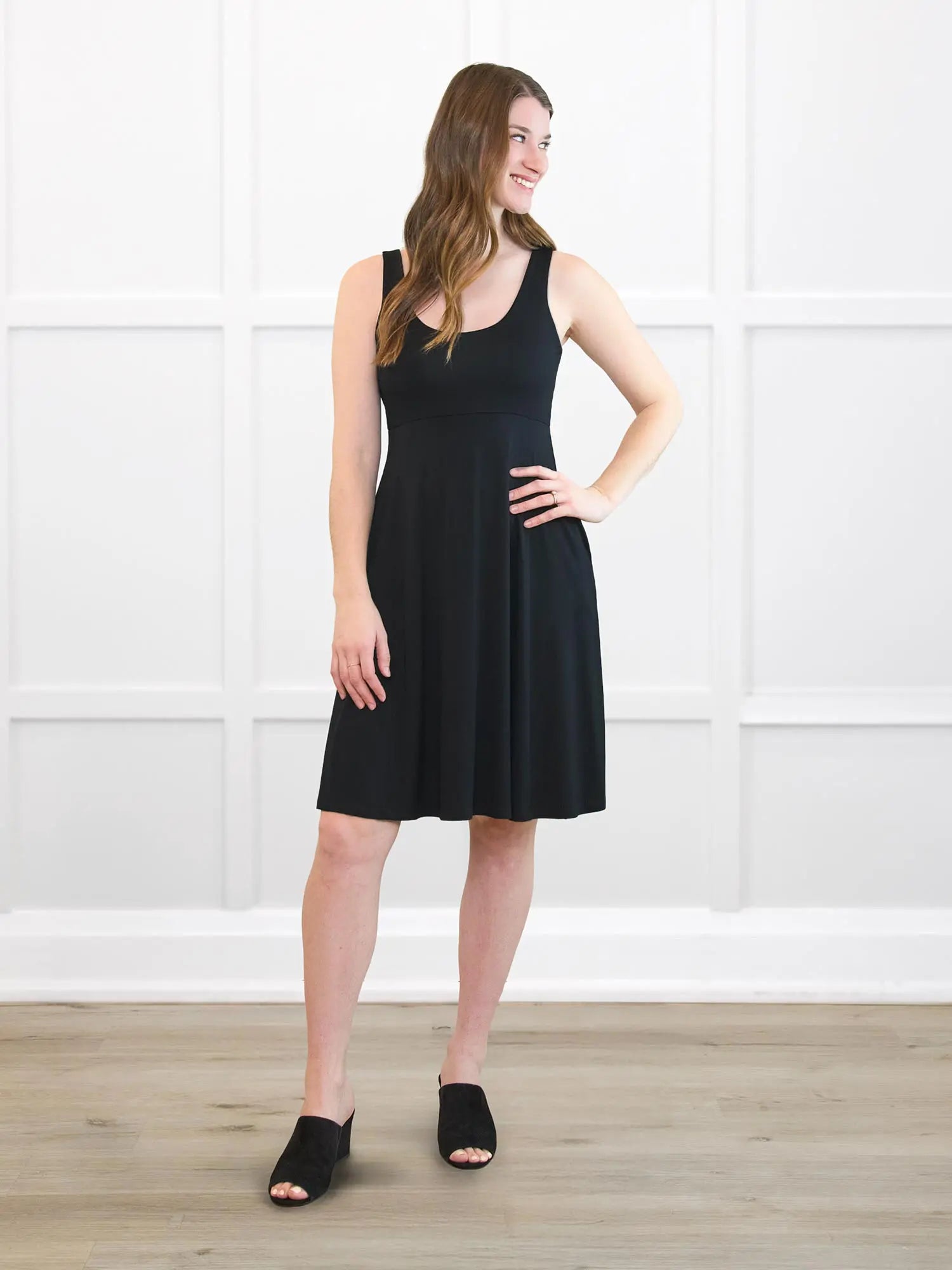 Rae reversible neckline knee length dress for women in Black on model Bethany, size S @Bethany-S 
