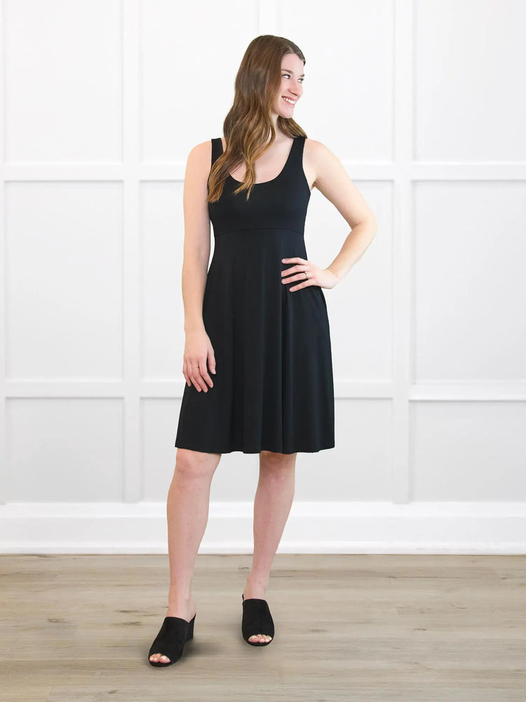 Rae reversible neckline knee length dress for women in Black on model Bethany, size S @Bethany-S 