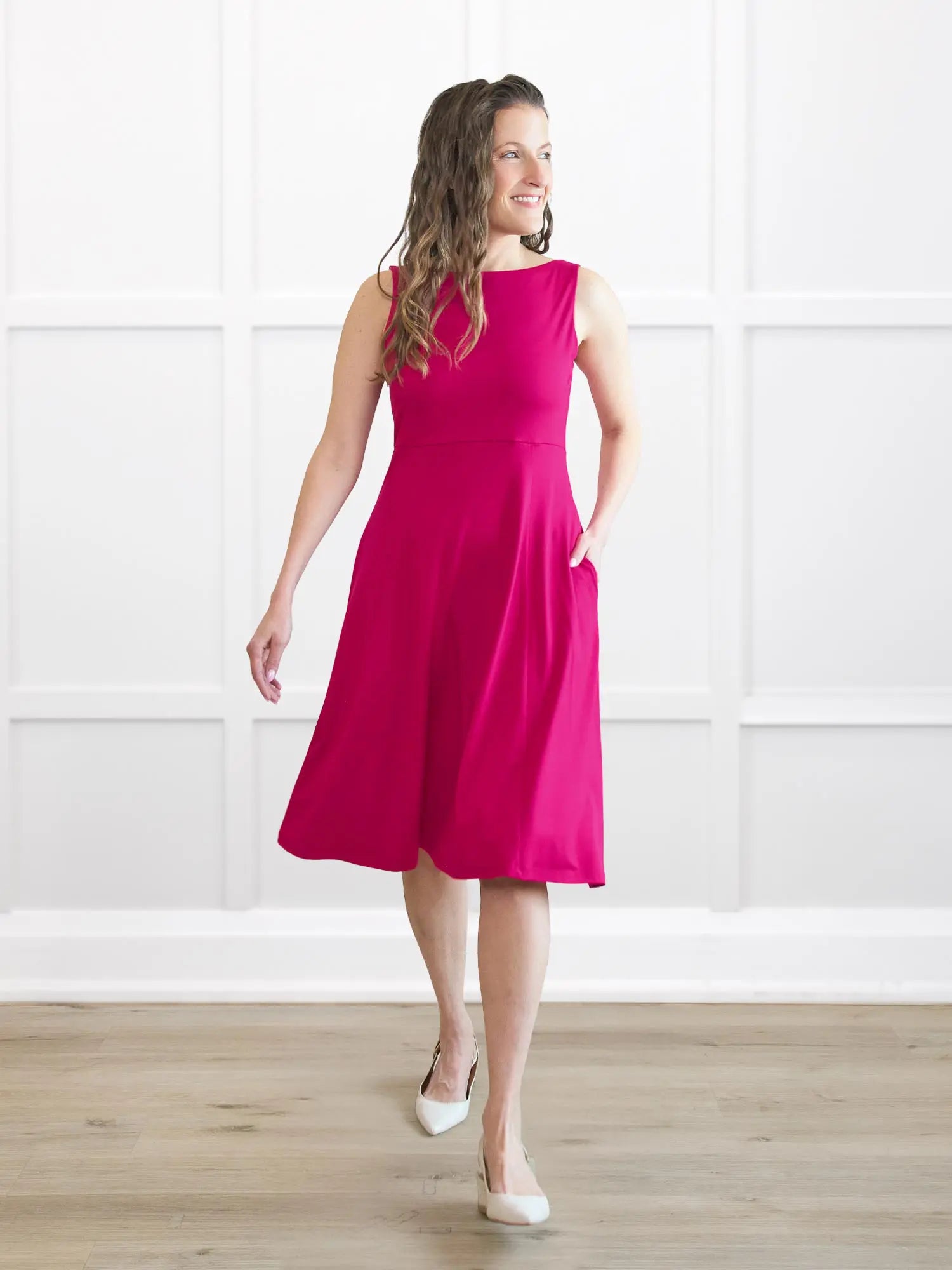 Rae reversible neckline knee length dress for women in Dragon fruit on model Lex, size XS @Lex-XS 