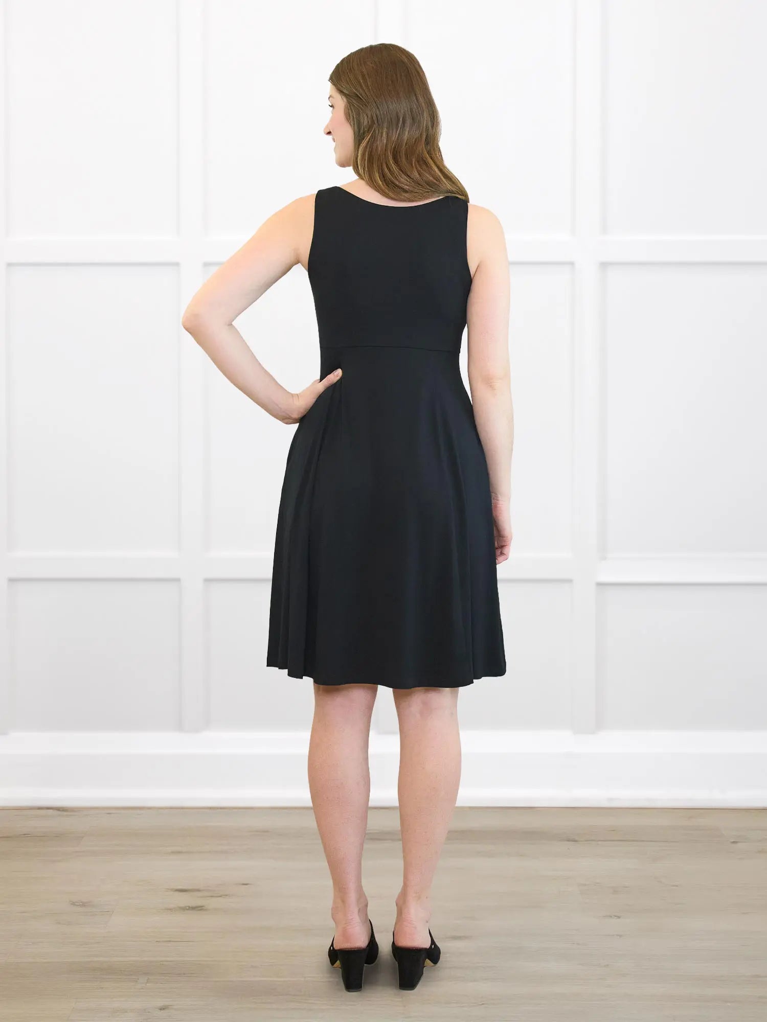 Rae reversible neckline knee length dress for women in Black on model Bethany, size S @Bethany-S 