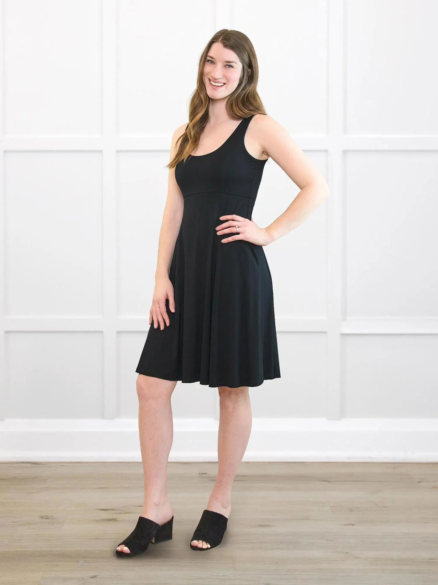 Rae reversible neckline knee length dress for women in Black on model Bethany, size S @Bethany-S 