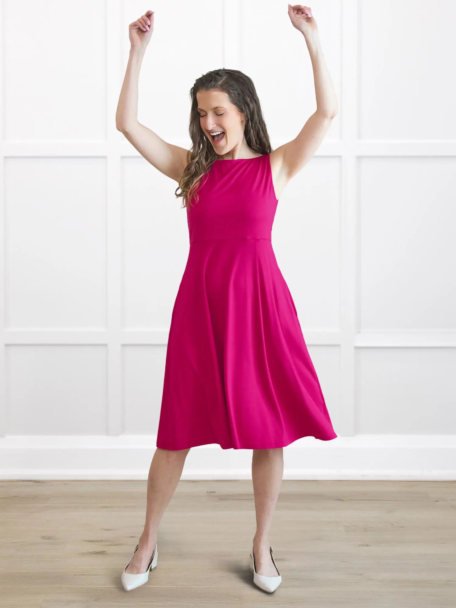 Rae reversible neckline knee length dress for women in Dragon fruit on model Lex, size XS @Lex-XS 