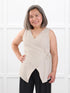 Regina sleeveless linen wrap top for women in Sand linen on model Terry, size S @Terry-S 