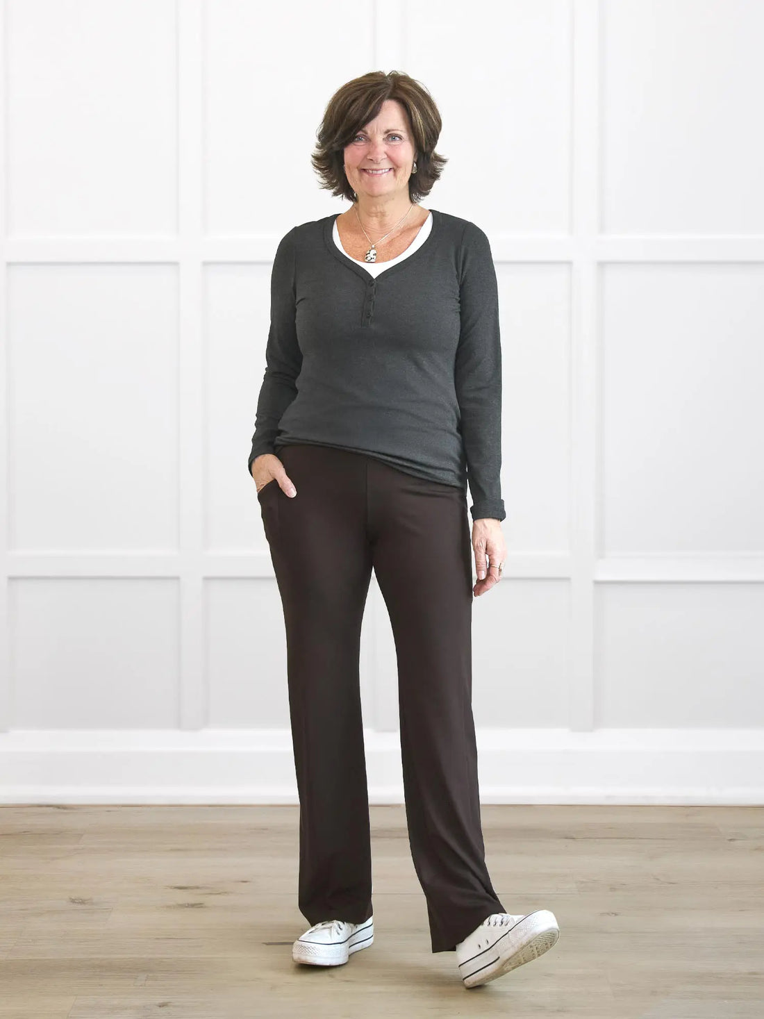 Rian long sleeve henley top for women in Charcoal on model Donna, size S Regular @Donna-S-regular 