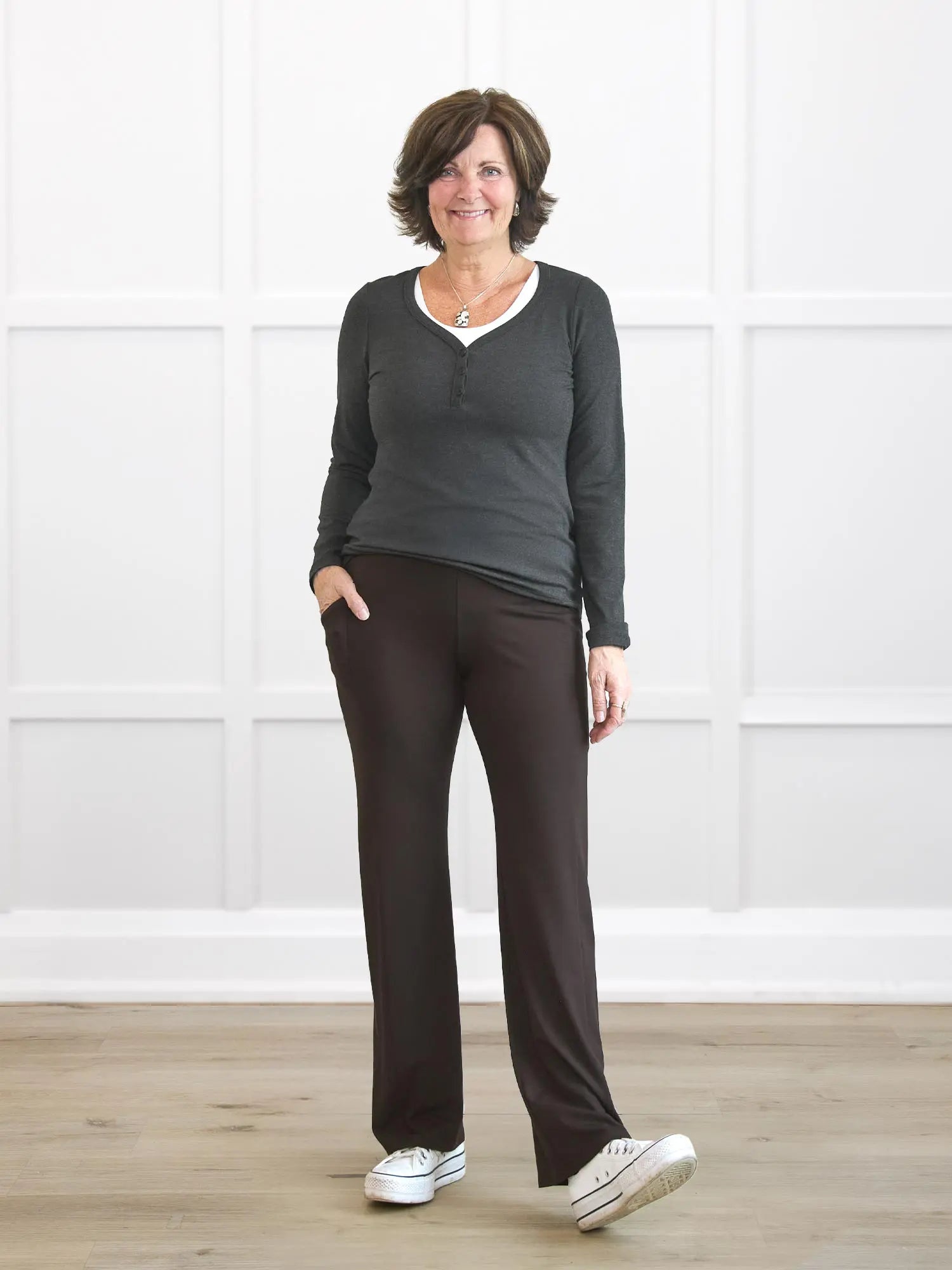 Rian long sleeve henley top for women in Charcoal on model Donna, size S Regular @Donna-S-regular 