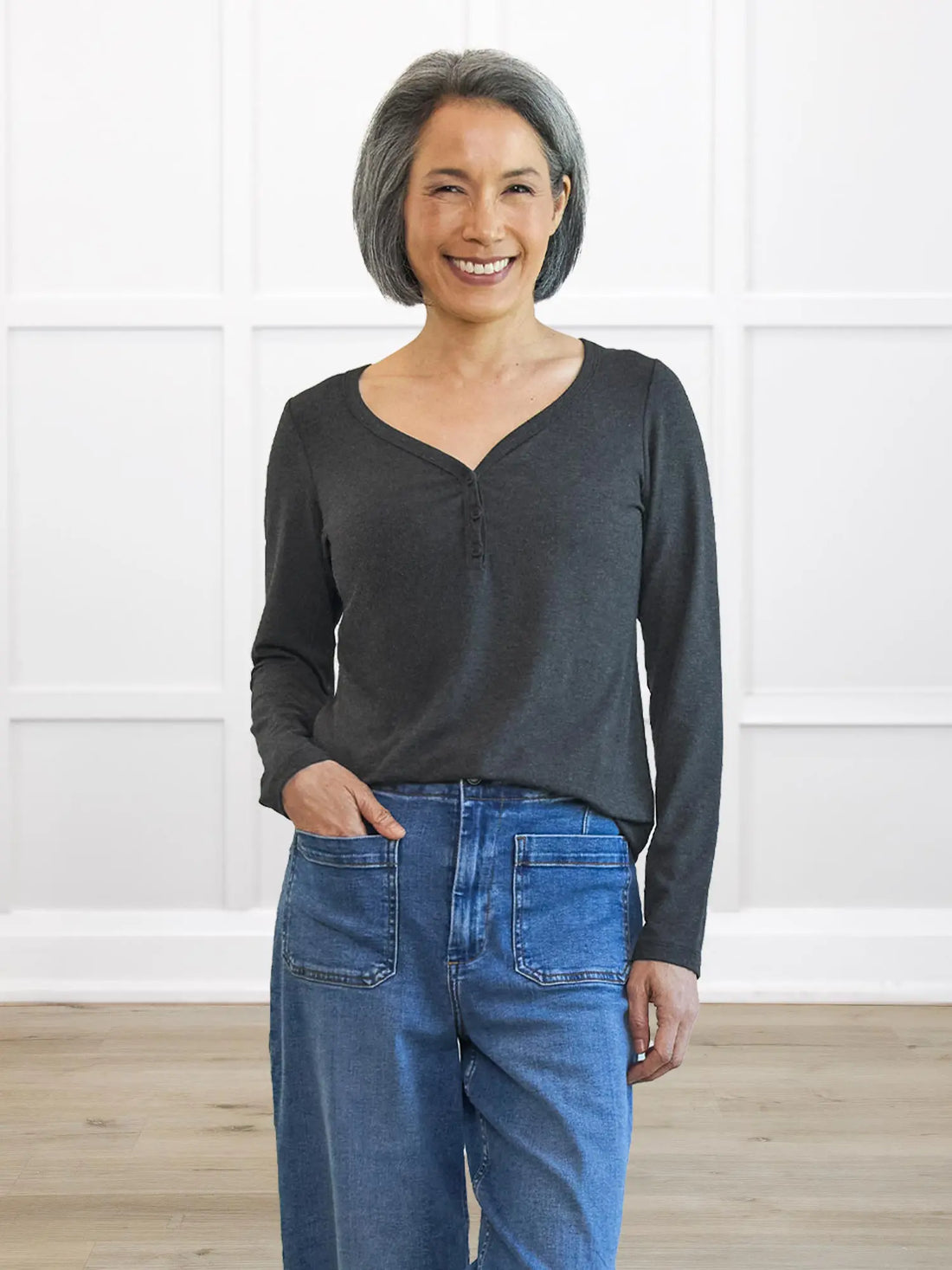 Rian long sleeve henley top for women in Charcoal on model Lisa, size XS Regular @Lisa-XS-regular 