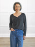 Rian long sleeve henley top for women in Charcoal on model Lisa, size XS Regular @Lisa-XS-regular 