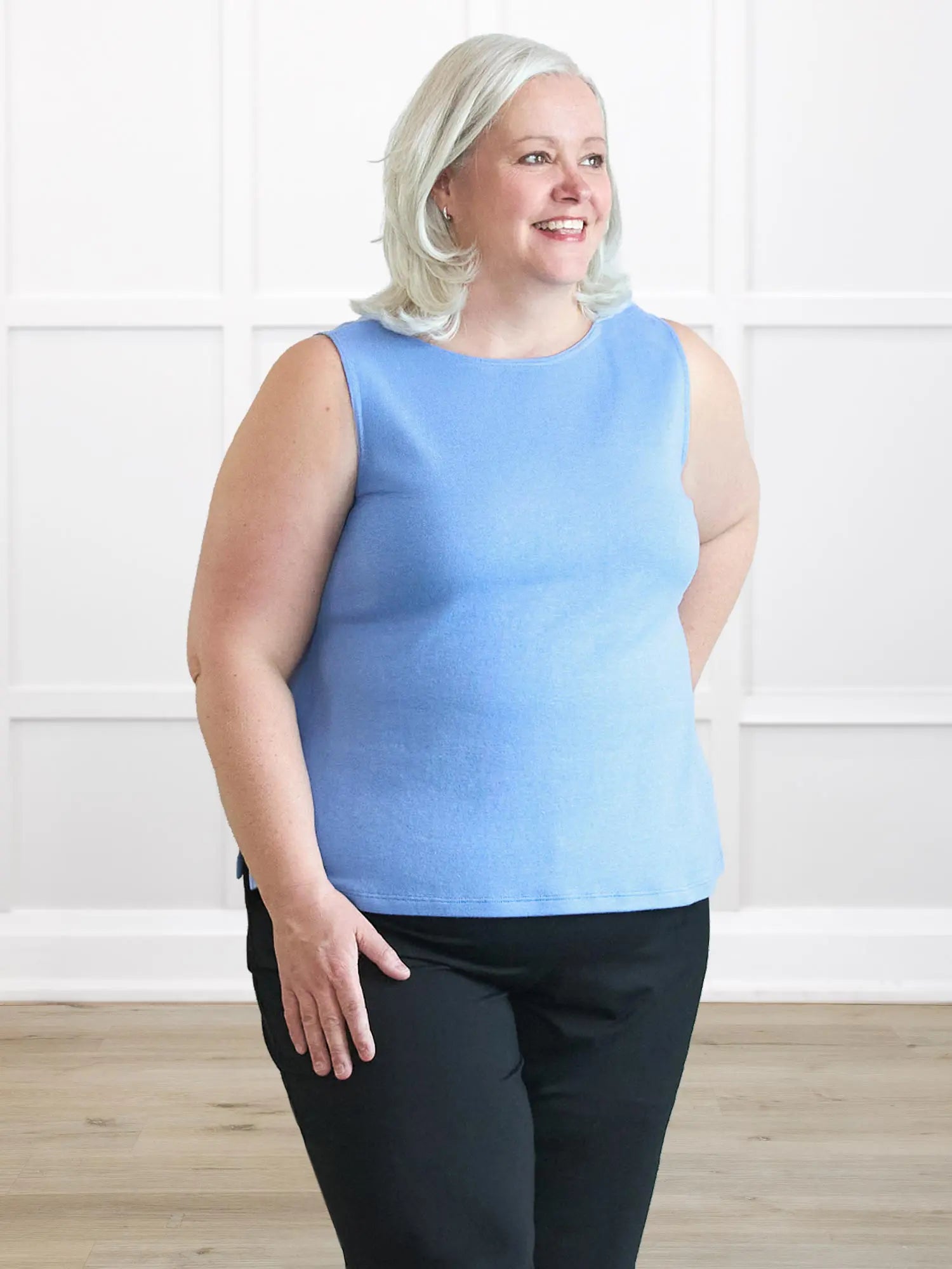 Ricki reversible neckline sweater knit tank 00 in Cornflower on model Colleen, size XXL @Colleen-XXL 