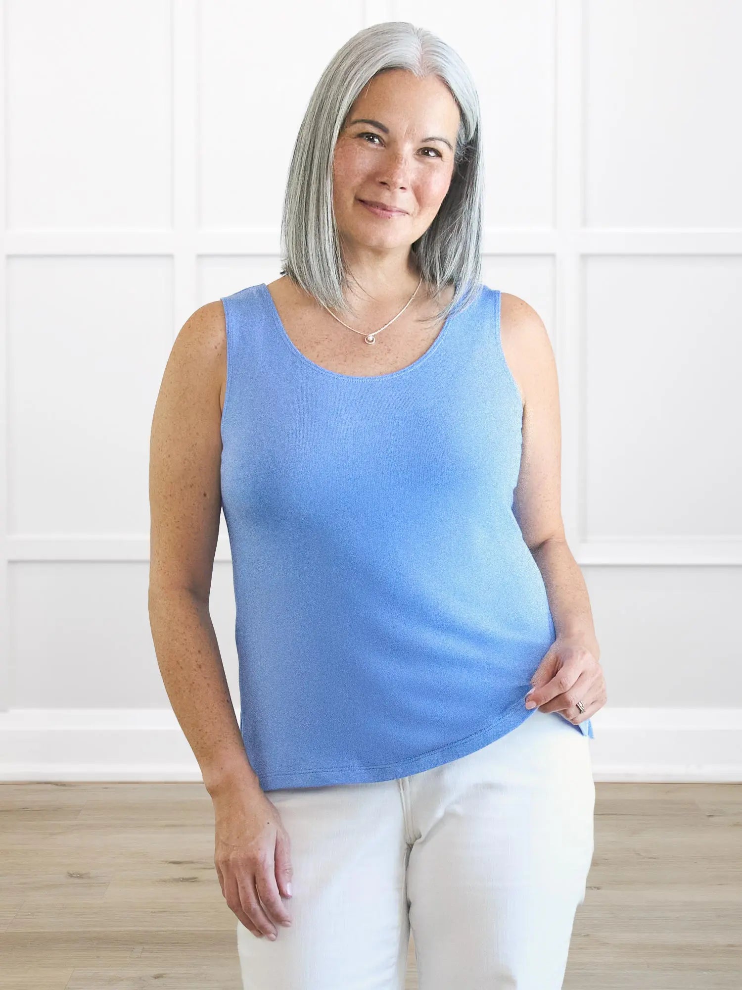 Ricki reversible neckline sweater knit tank 00 in Cornflower on model Kerri, size S @Kerri-S 