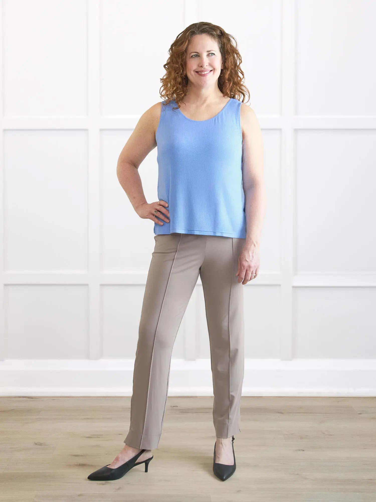 Ricki reversible neckline sweater knit tank 00 in Cornflower on model Melanie, size M @Melanie-M 