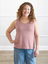 Ricki reversible neckline sweater knit tank 00 in Rose mauve on model Melanie, size M @Melanie-M 