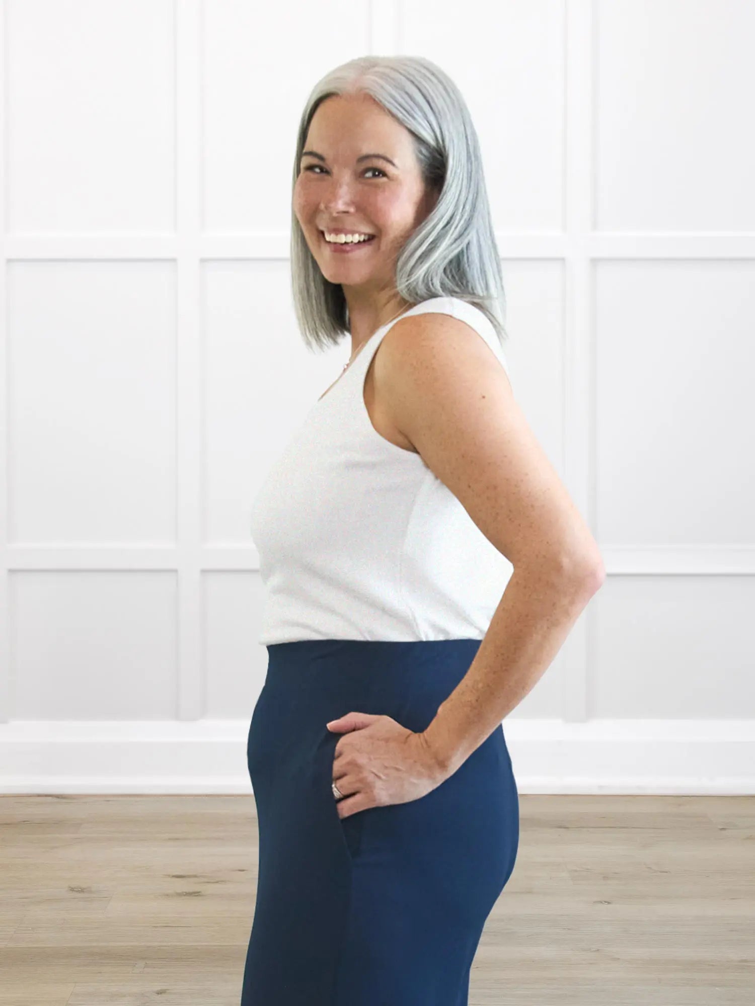 Ricki reversible neckline sweater knit tank in Ivory on model Kerri, size S @Kerri-S 