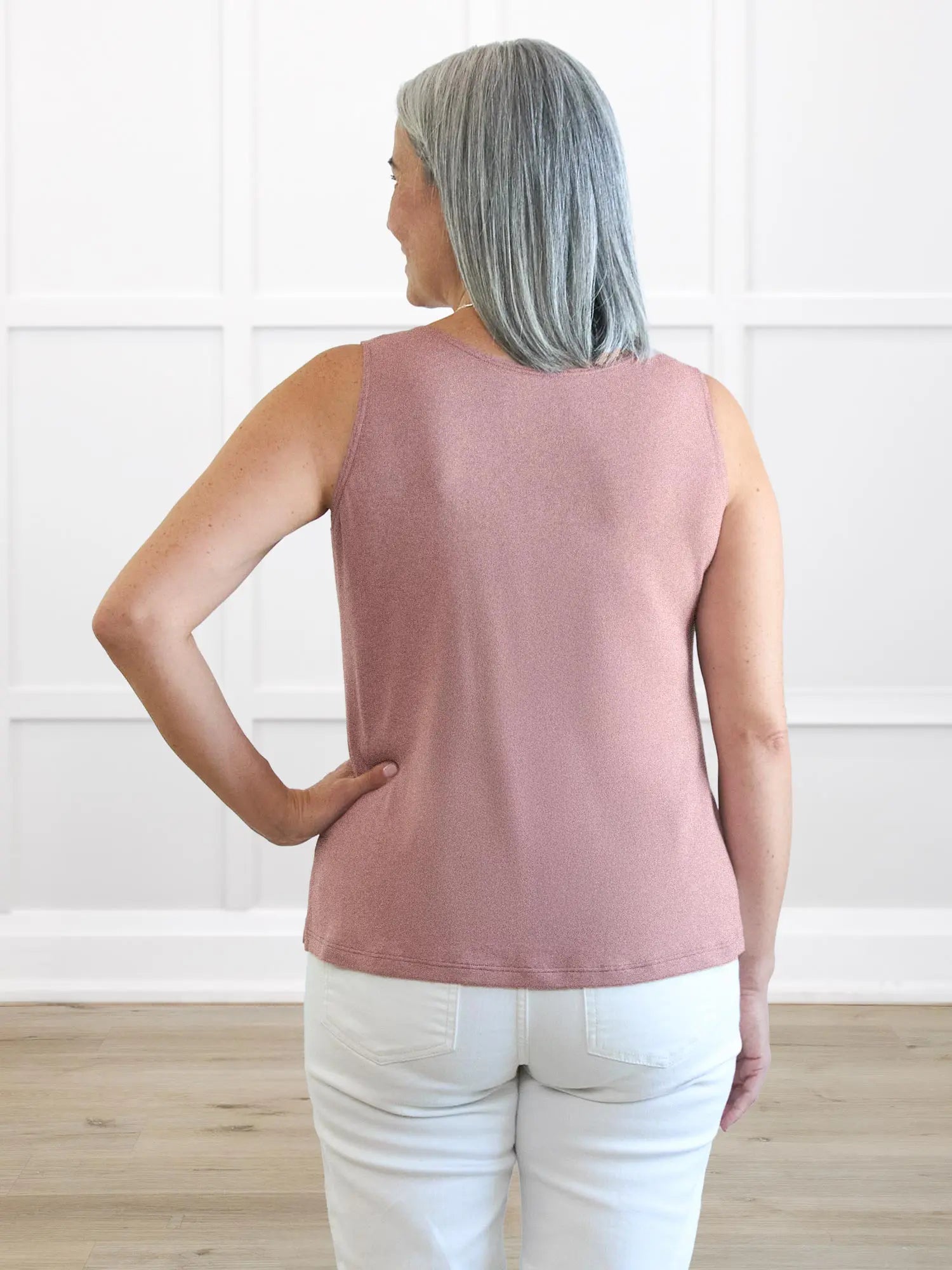 Ricki reversible neckline sweater knit tank in Rose mauve on model Kerri, size S @Kerri-S 