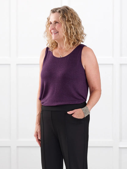 Ricki reversible neckline sweater knit tank for women in Blackcurrant on model Carolyn, size L @Carolyn-L 