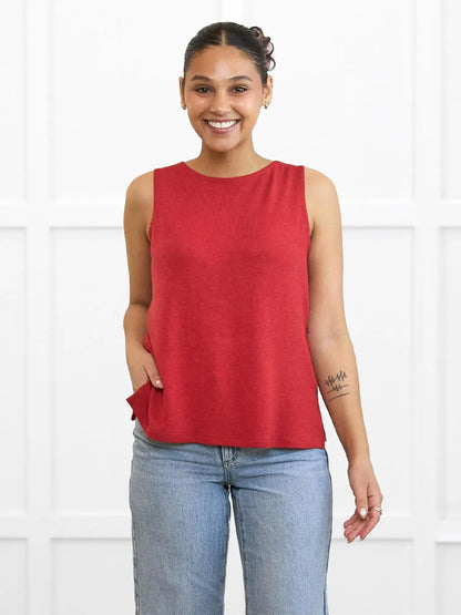 Ricki reversible neckline sweater knit tank for women in Chili on model Meron, size XS @Meron-XS 