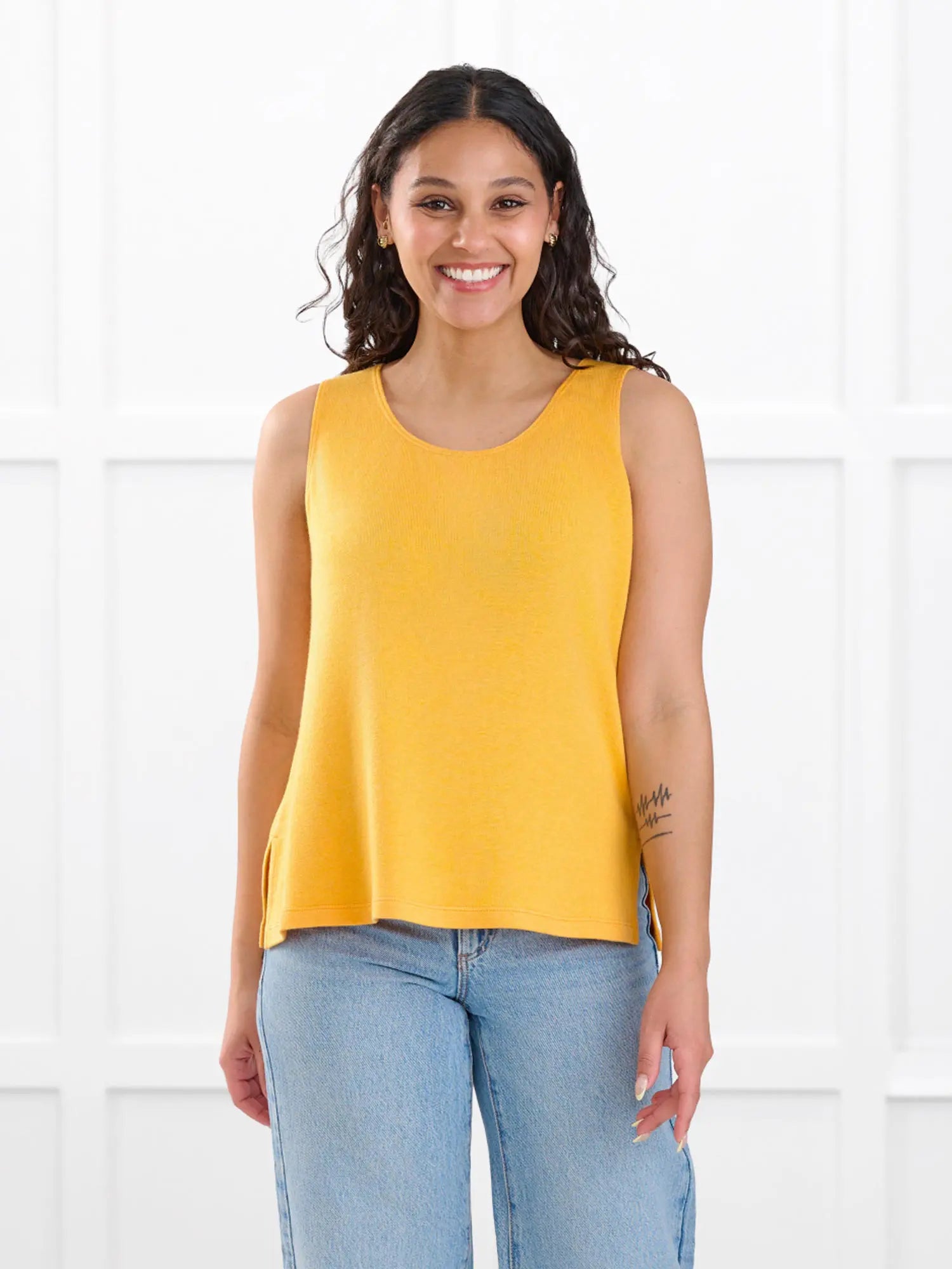 Ricki reversible neckline sweater knit tank for women in Daffodil on model Meron, size XS @Meron-XS 