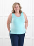 Ricki reversible neckline sweater knit tank for women in Fiji blue on model Deb, size XL @Deb-XL 