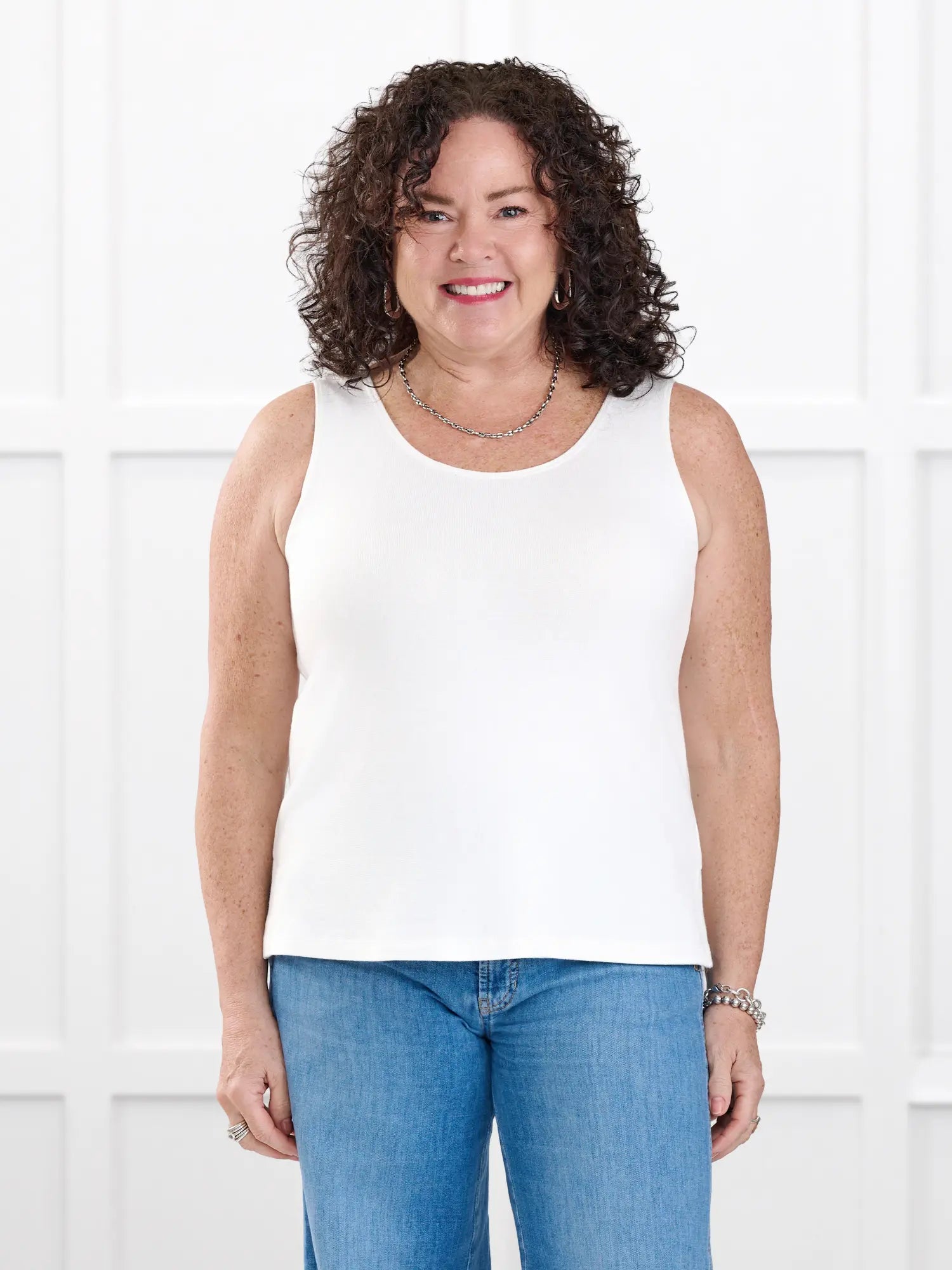 Ricki reversible neckline sweater knit tank for women in Ivory on model Kerri, size M @Kerri-M 