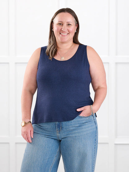 Ricki reversible neckline sweater knit tank for women in Midnight blue on model Cristina, size XXL @Cristina-XXL 
